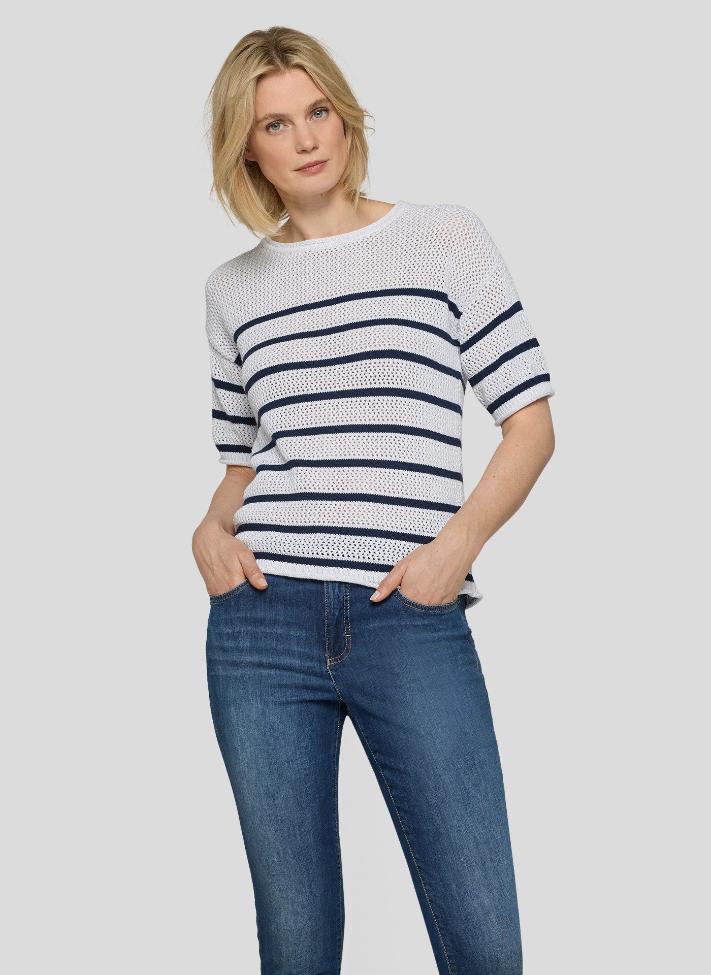 Rabe Strickpullover Halbarm-Strickpullover mit Streifen und im Häkel-Look