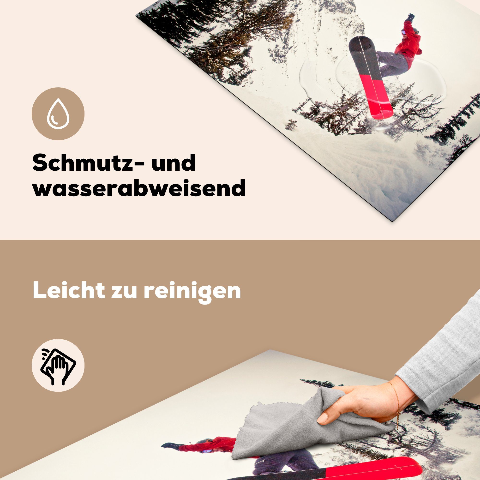 Vinyl, für Ceranfeldabdeckung in Snowboarder 81x52 MuchoWow Induktionskochfeld großen cm, Schutz küche, macht Herdblende-/Abdeckplatte Rot tlg), Sprung, einen die (1 Ein