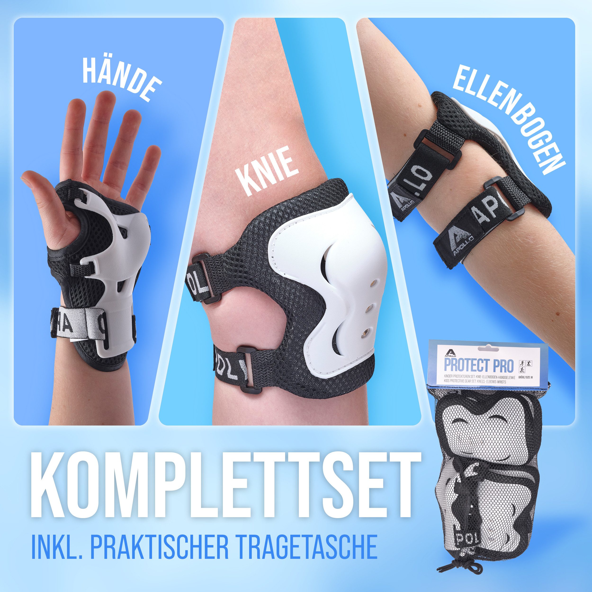 Apollo Protektoren-Set Schoner Set Kinder, Knie und Ellenbogenschützer Kinder, Protektoren (Ellenbogenschutz, Handgelenkschutz, Knieschutz), elastisch & verstellbar