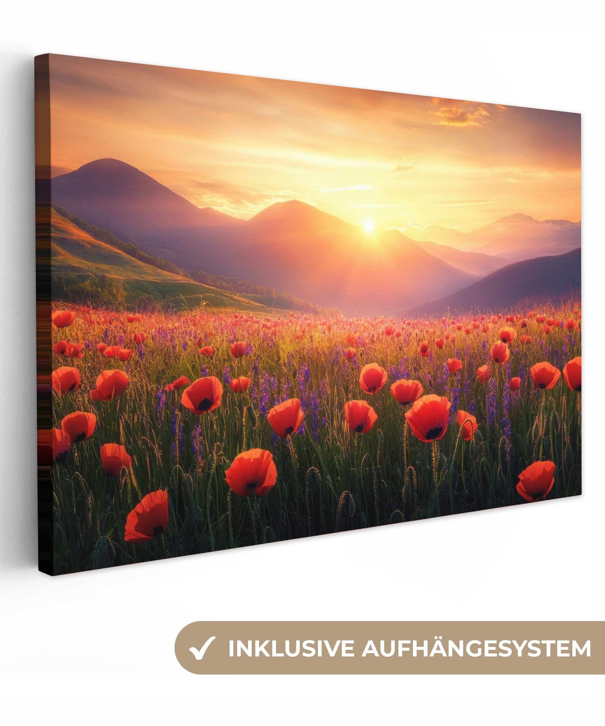 OneMillionCanvasses® Leinwandbild Landschaft - Sonnenuntergang - Blumenfeld, Fotodruck (1 St), Leinwand Bilder Klein, Wand Dekoration Aesthetic 30x20 cm