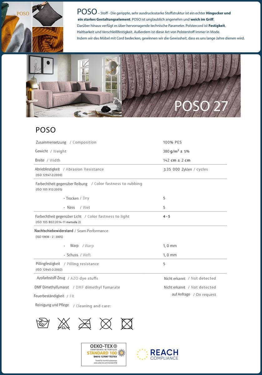 275 Sofa, stilvoll Erni, Polsterecke L-Form Rosa inkl. modernes Schlafsofa im Beautysofa Corner (poso 27) Bettkasten, cm Stil, Schlaffunktion, Ecksofa