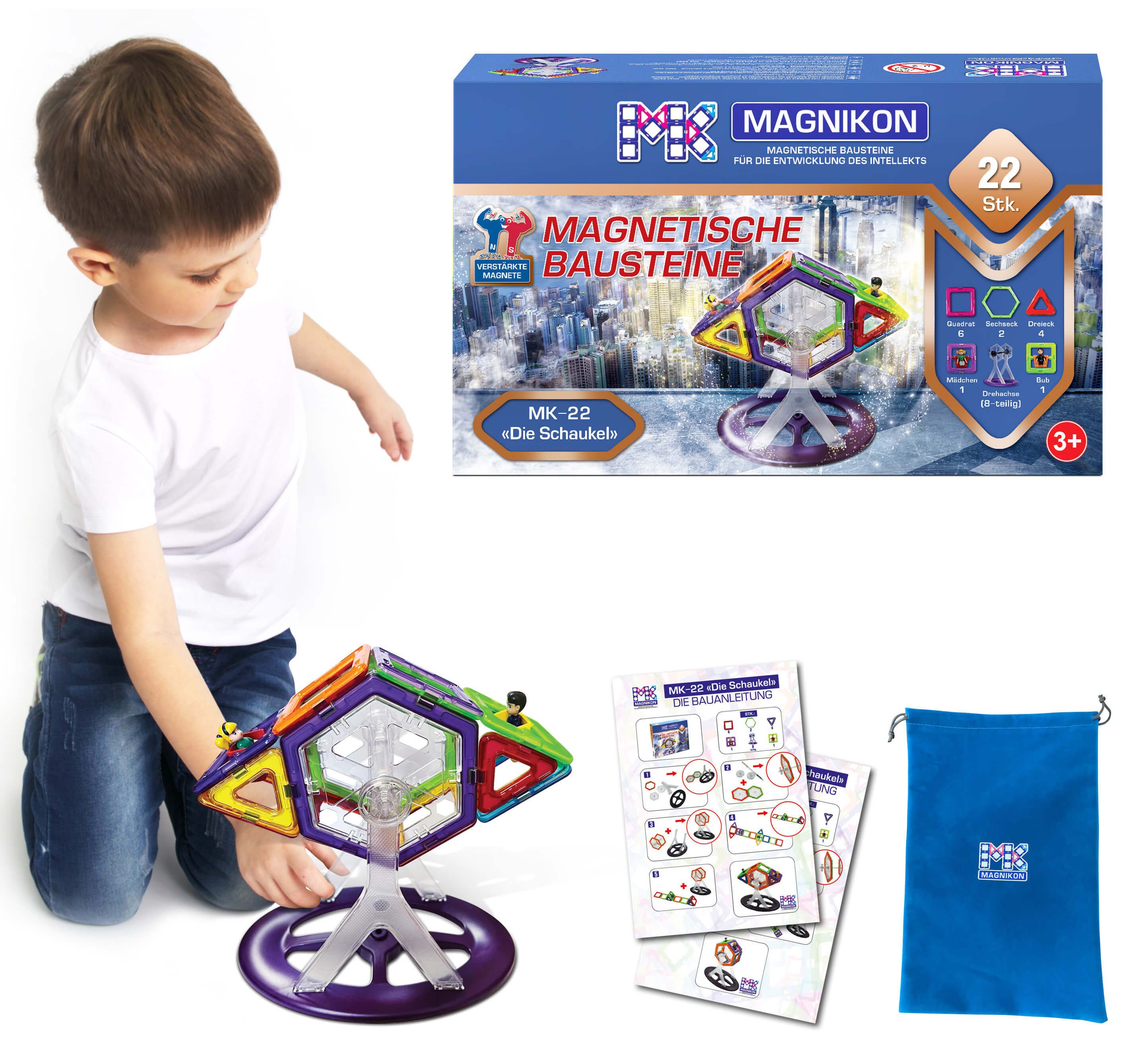 MAGNIKON Magnetspiel Bauklötze MK-22 “Die Schaukel”, 22teilig Magnetspielbausteine, (Magnetische Bausteine, 22 St., Drehachse), robuster Kunststof