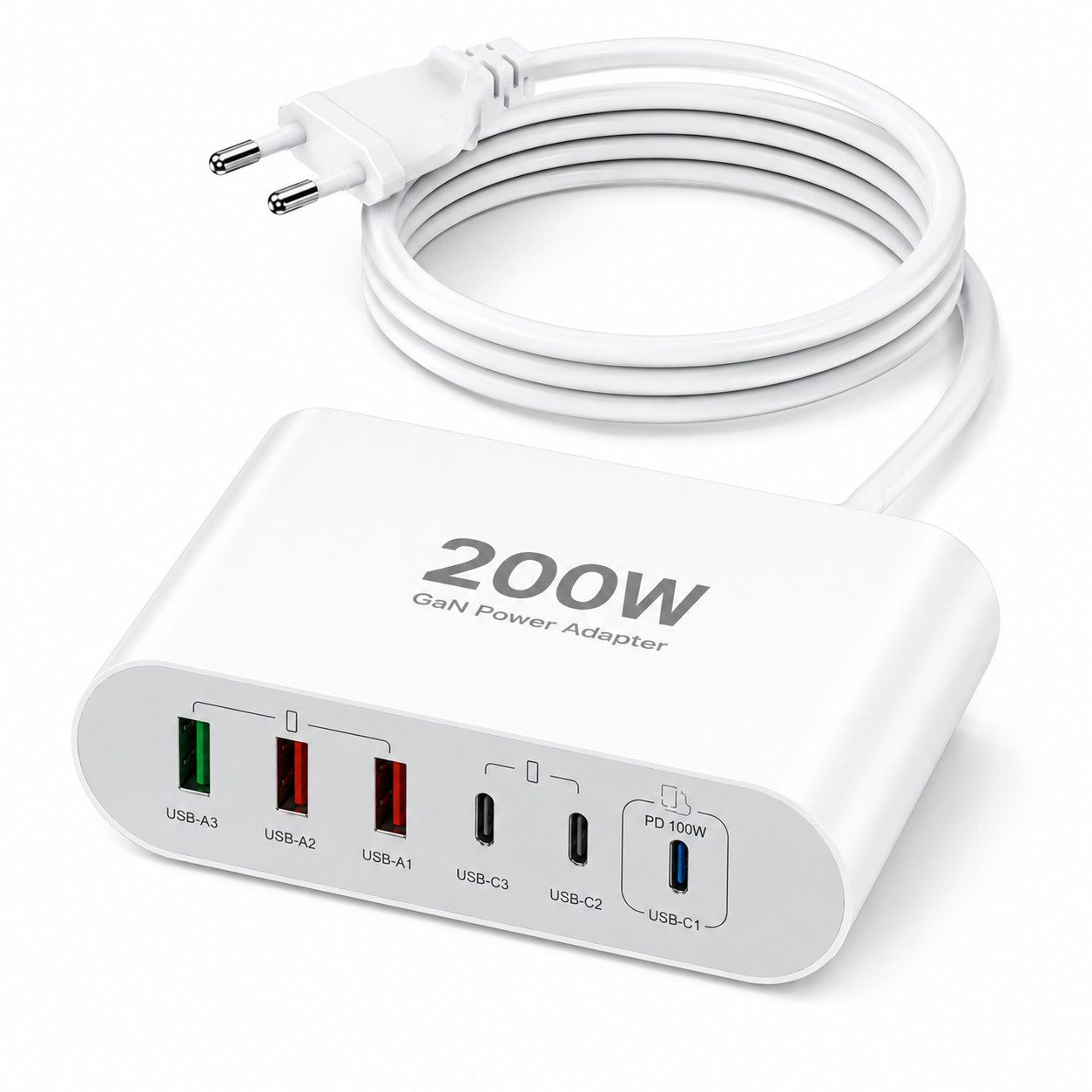 Vivitar 200W Ladegerät mit 6 Anschlüssen, GaN-Schnellladegerät, 100W USB-C-PD USB-Ladegerät (inklusive eines 1,5 m langen, abnehmbaren Verlängerungskabels, für Tablets, Smartphones, Laptops, Smartwatches, Kopfhörer, Powerbanks, mit USB-A-Multiport, USB-C-Power-Delivery-Ladeadapter)