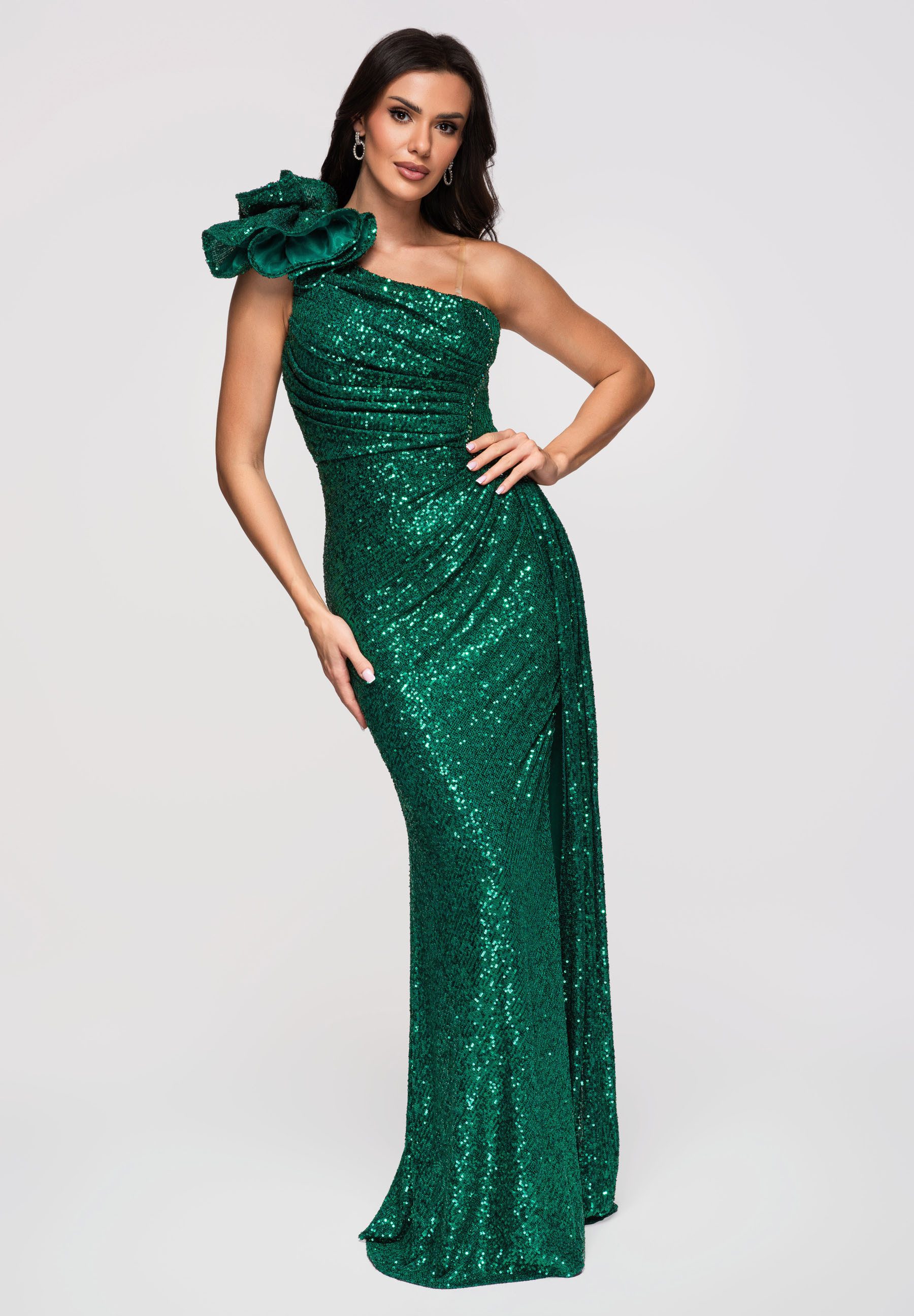 OMBRE Abendkleid Damen Abendkleid Maxi mit asymmetrischem Dekolleté Grün S (kein Set, 1-tlg) Drapierung