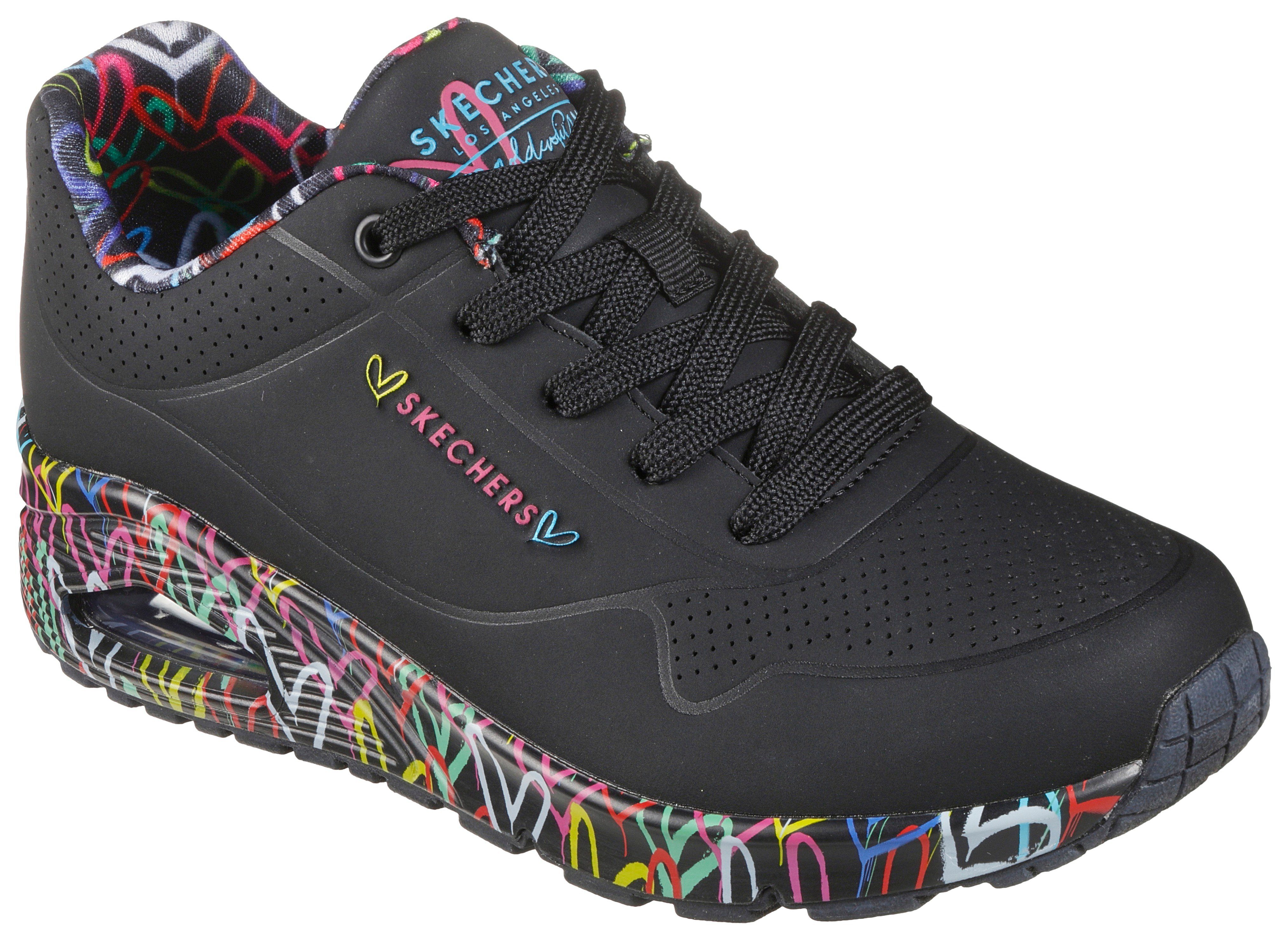 Wedgesneaker schwarz-bunt Skechers mit Graffiti-Print coolem LOVE UNO-LOVING