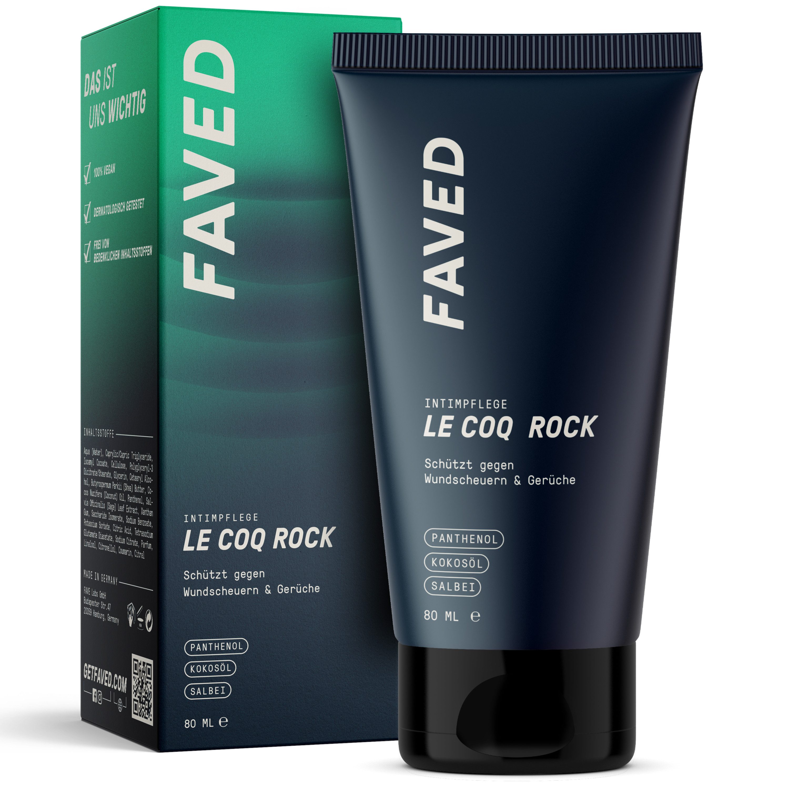 FAVED Intimpflege Le Coq Rock - Intim Pflege Herren, Intim Deo Creme gegen Wundscheuern, 80 ml, Intimpflege, Deodorant, Körperpflege, Intim Deo-Creme