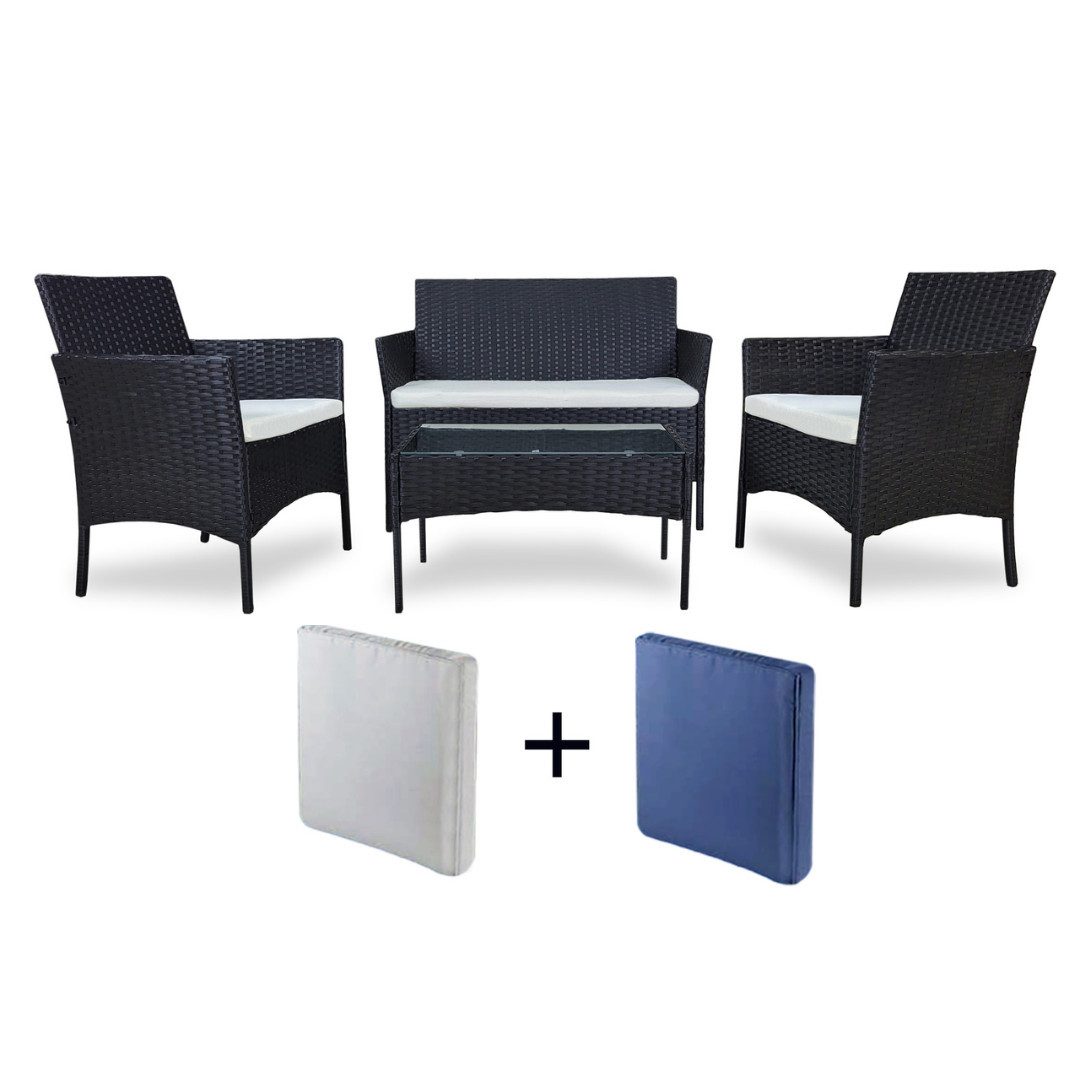 VORTIVO Gartenlounge-Set klein für 4 Personen, wetterfest, (Balkonmöbel Set outdoor, 4-tlg., Tisch, Sofa, 2 Sessel, austauschbare Kissenbezüge INKLUSIVE), Gartenmöbel für Terrasse, Balkon, Garten