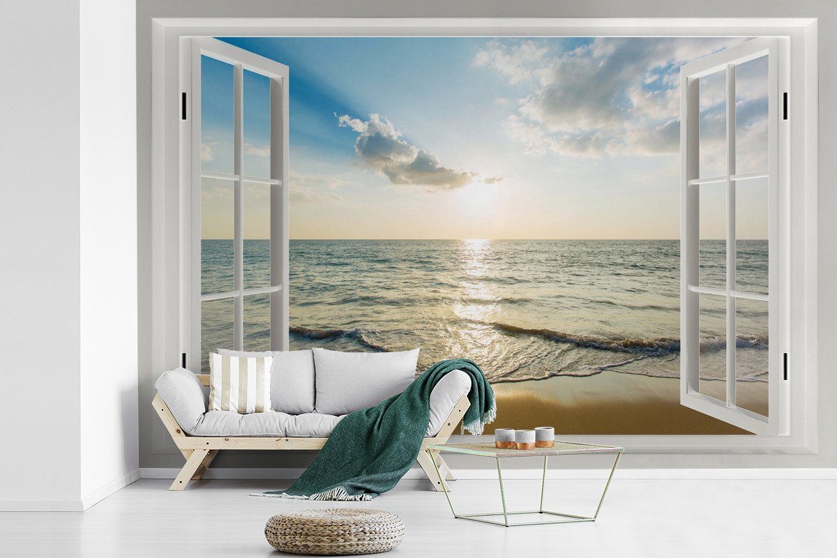 MuchoWow Fototapete Aussicht - Sonne - Meer, Matt, bedruckt, (6 St), Wallpaper für Wohnzimmer, Schlafzimmer, Kinderzimmer, Vinyl Tapete
