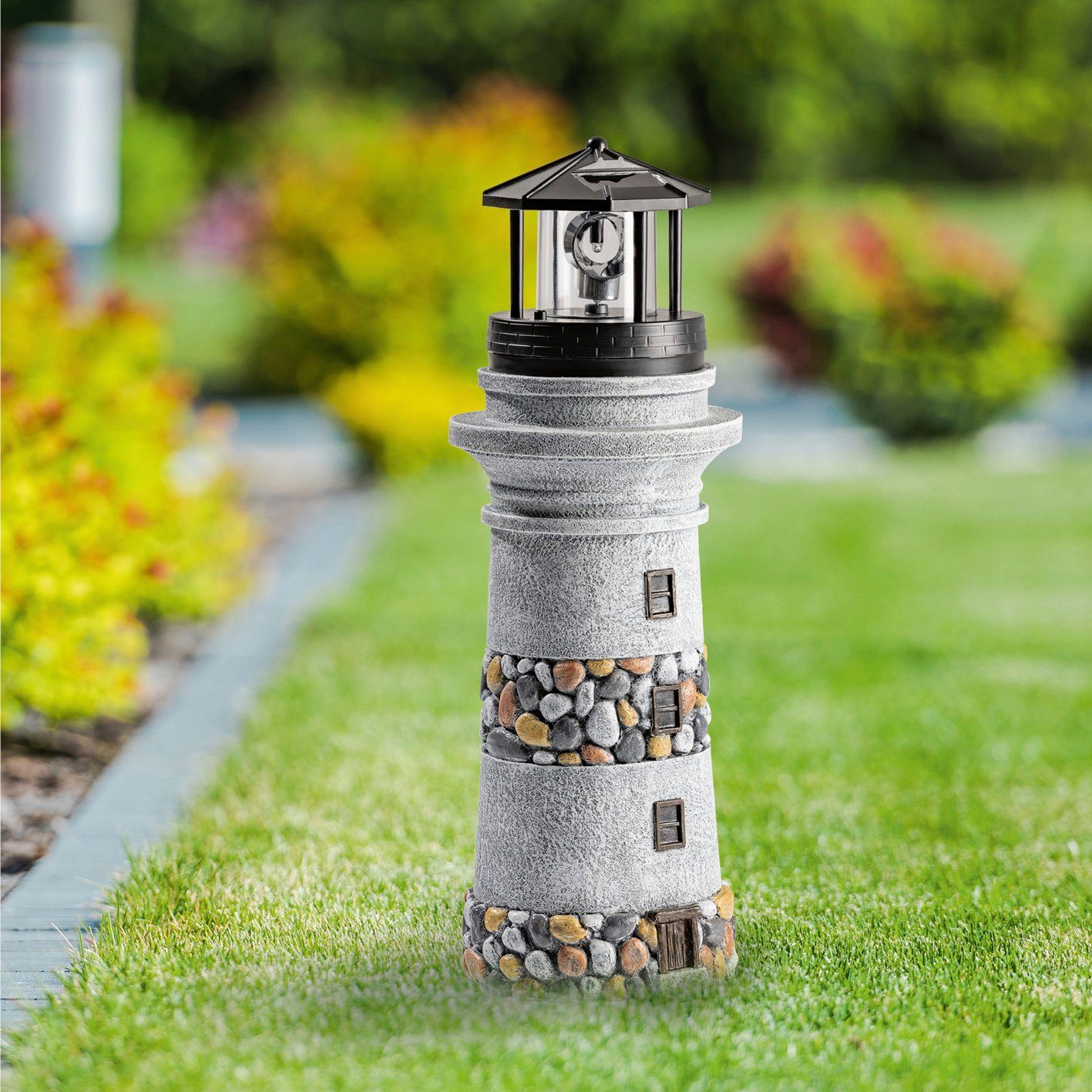 EASYmaxx LED Licht Bleuchtung Figur Leuchtturm Stein-Optik Gartendeko 39cm, Solarleuchte Garten