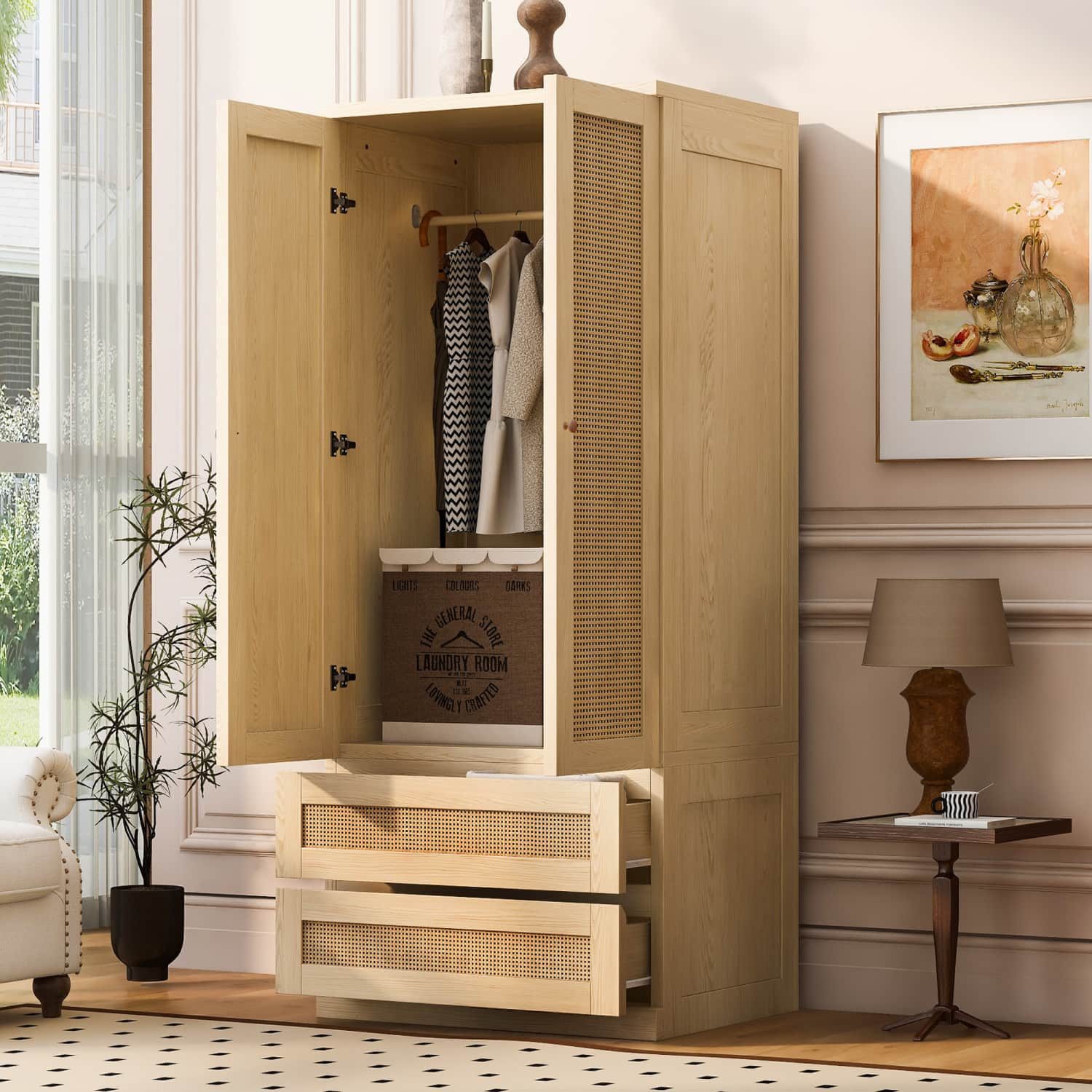 ANYSUN Kleiderschrank Drehtürenschrank 2-türig mit Rattanoptik, 2 Schubladen & Kleiderstange (1-St) Schmaler Garderobenschrank mit Stauraum,platzsparend,70×55×170cm,Natur