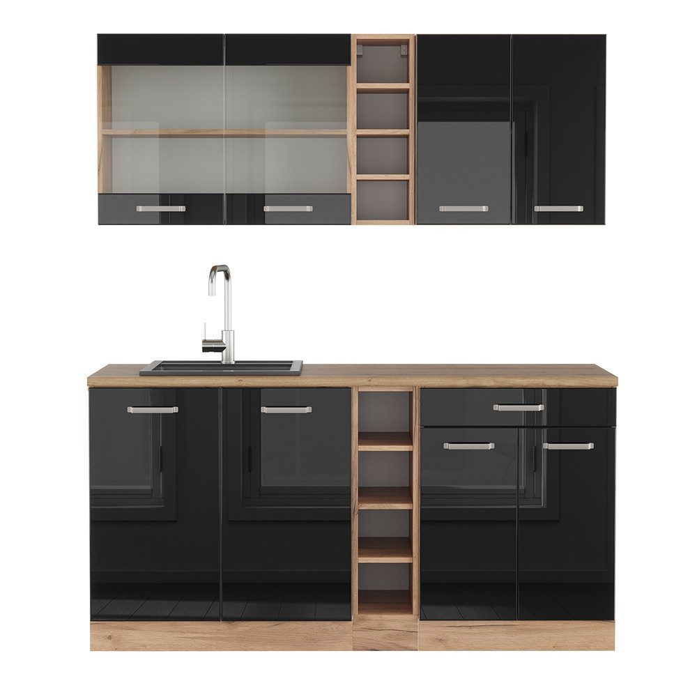 Vicco Küchenzeile R-Line, Schwarz Hochglanz/Goldkraft Eiche, 160 cm ohne Arbeitsplatte