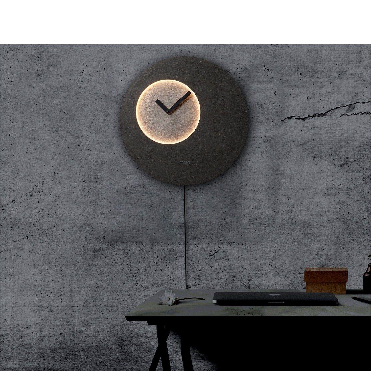 Optik über LUNA Ø40cm Design LEDs Holz (ausgeleuchtet warm-weiss Wandobjekt mit ZENLED Holz Mond mit Deko 3D-Lichteffekt steuerbaren Wanduhr RUND Fernbedienung) - Beton-Grau