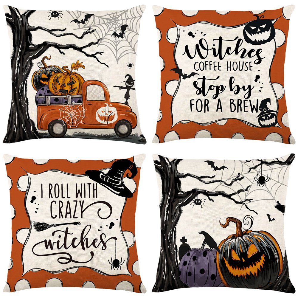 Rosnek Kissenbezug 4 Stück, Halloween-Motiv, Leinen, für Bett Sofa Deko, (4 günstig online kaufen