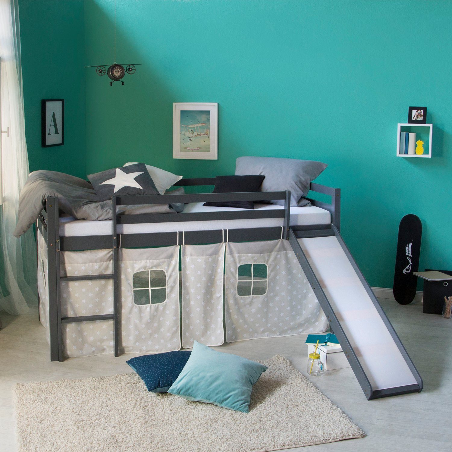 Homestyle4u Hochbett 90x200 mit Vorhang und Rutsche in Grau Sterne 1871 günstig online kaufen