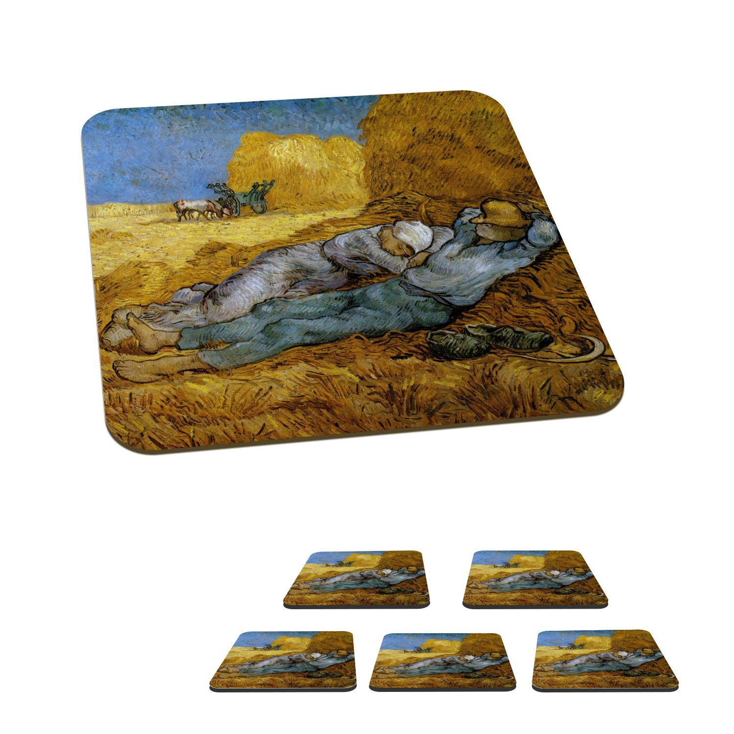 MuchoWow Glasuntersetzer Die Siesta - Gemälde von Vincent van Gogh, Zubehör für Gläser, 6-tlg., Glasuntersetzer, Tischuntersetzer, Korkuntersetzer, Untersetzer, Tasse