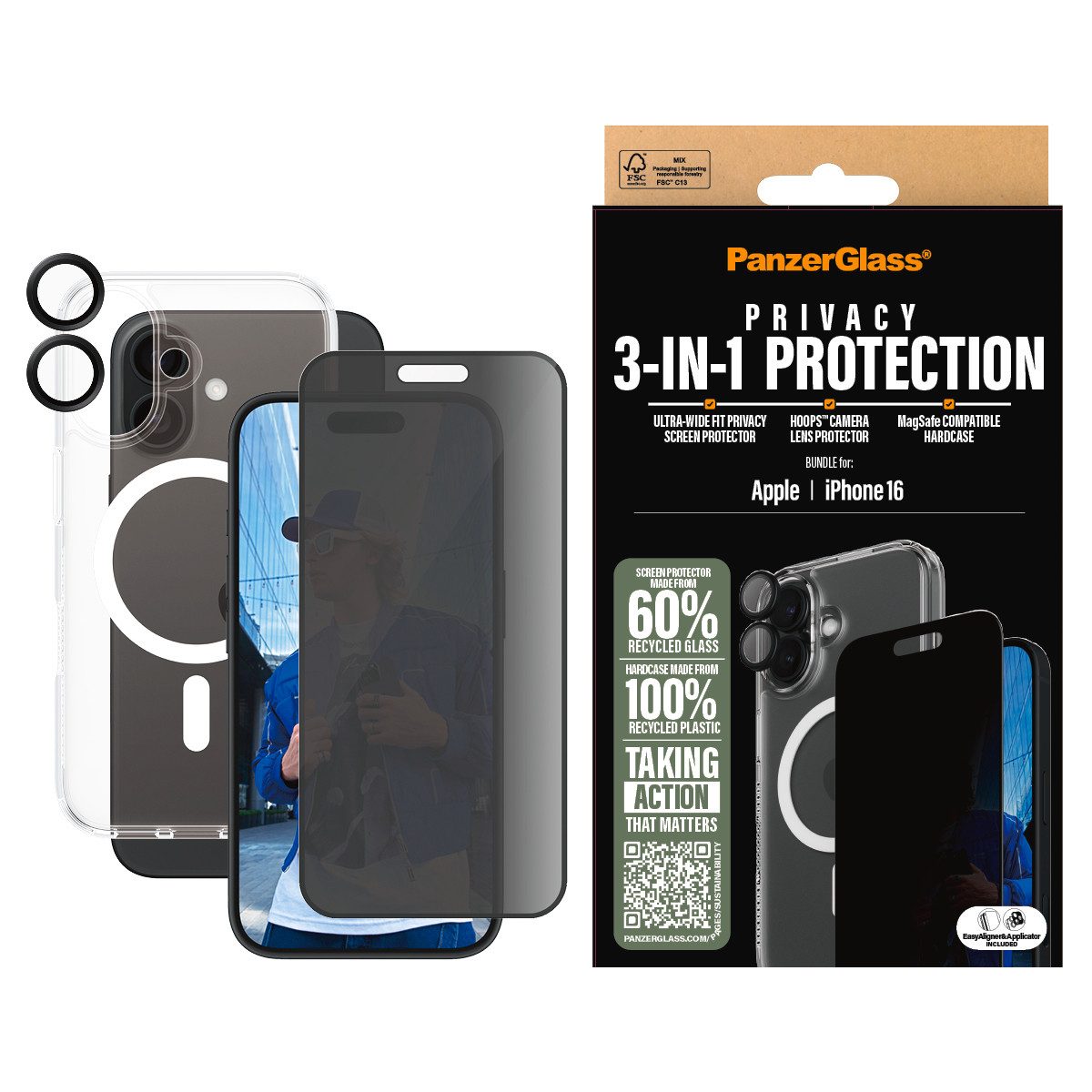 PanzerGlass Displayschutzglas 3-in-1 Privacy Protection für Apple iPhone 16, Set, 3 Stück, Displayschutzfolie, Set, Kameraglas, Cover, MagSafe, kratz- & stoßfest