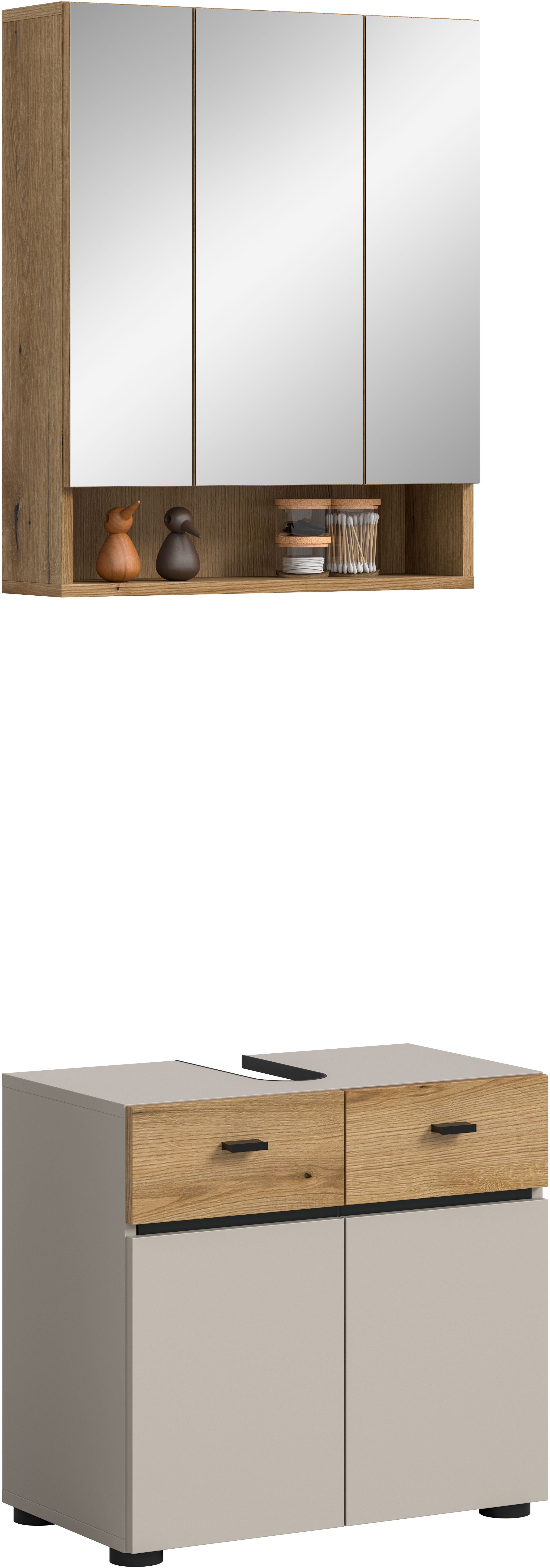 welltime Badmöbel-Set VANN, 2-teilige moderne Badkombination, (2-St., 1x Waschbeckenunterschrank, 1x Spiegelschrank), Bad-Kombination, Bad-Möbel, Badezimmer, Kombination, Kombi, Bad-Set