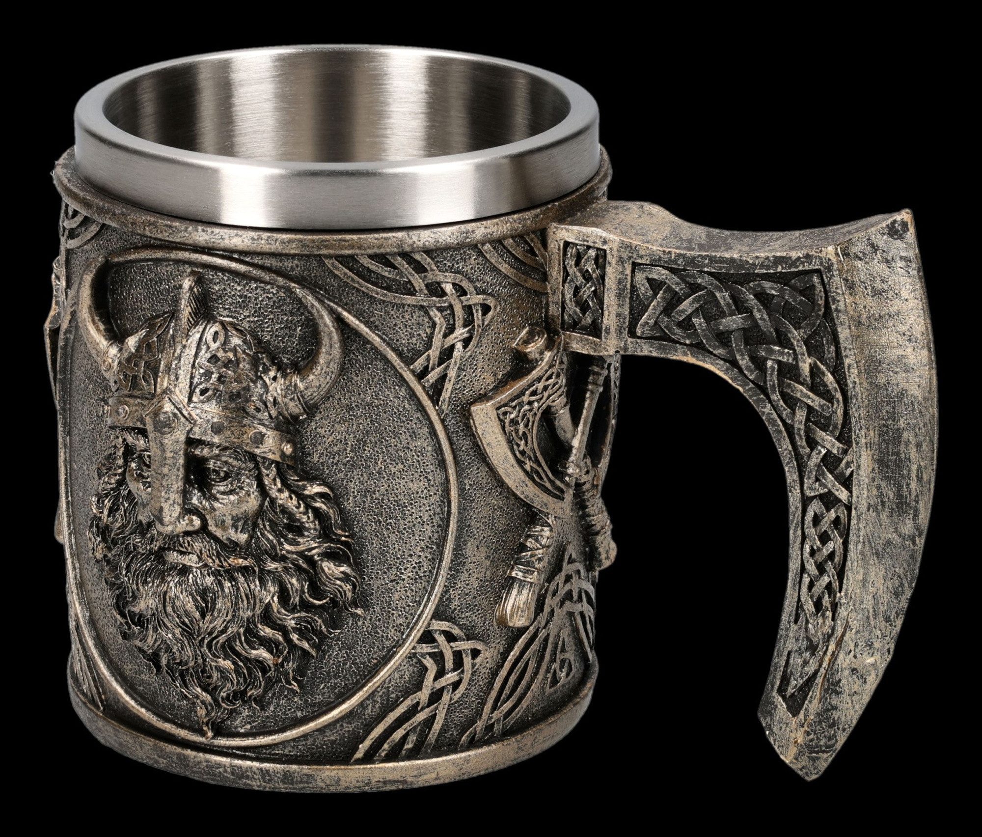 Figuren Shop GmbH Bierkrug Wikinger Krug – Metbecher Sammlerkrug Gothic Bierkrug mit Äxten 10.5cm, Kunststein (Polyresin), Edelstahl
