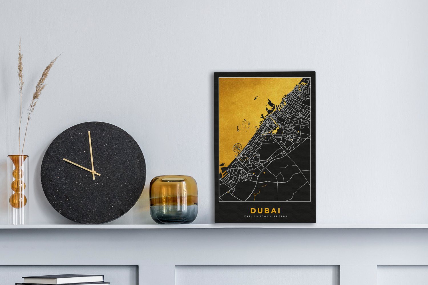 - Gold Karte, Gemälde, Zackenaufhänger, St), fertig - - Leinwandbild Dubai inkl. OneMillionCanvasses® bespannt 20x30 (1 cm Stadtplan Leinwandbild