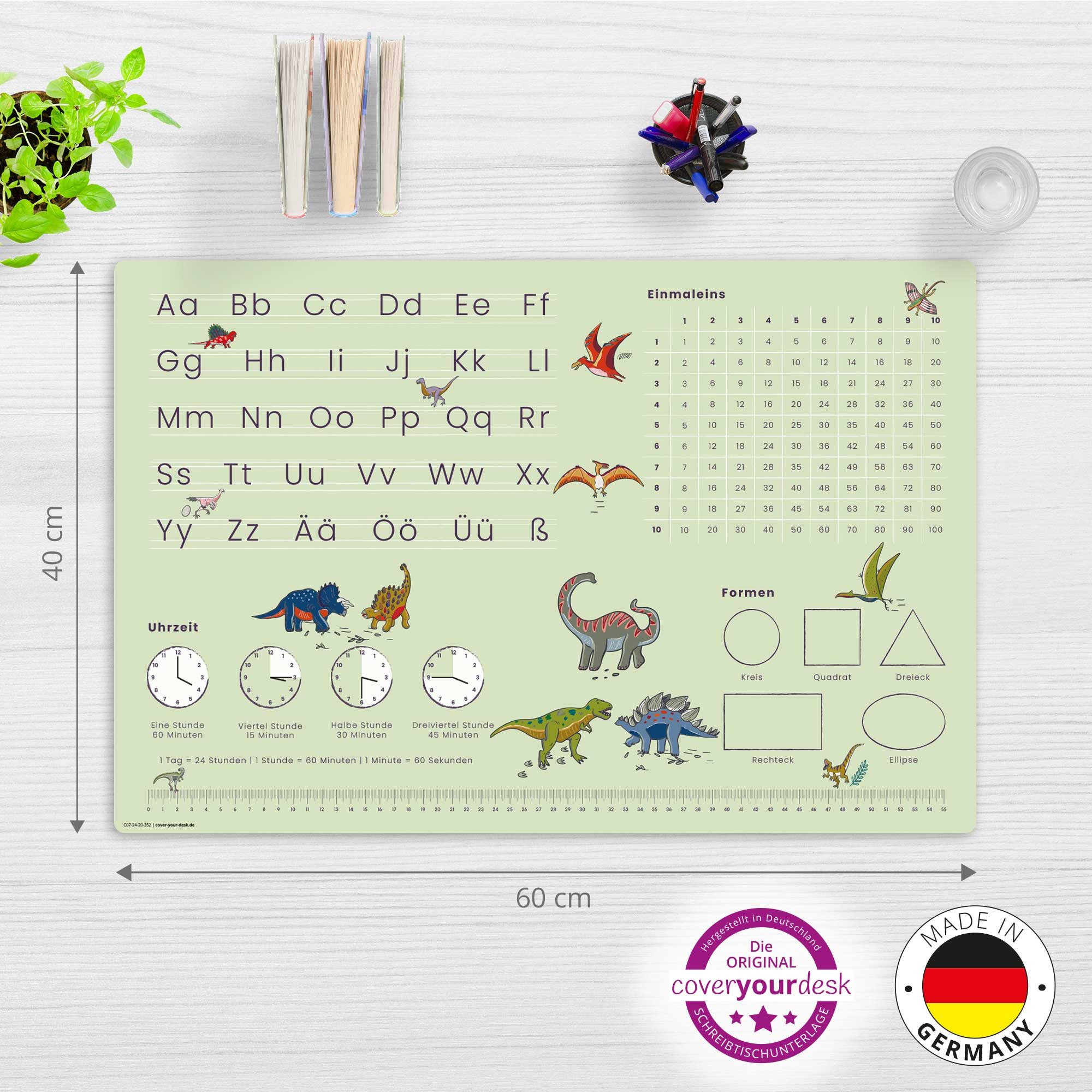 cover-your-desk.de Schreibtischunterlage Lernunterlage Dino, abc & 1x1 für Kinder Schulanfang, Made in Germany, (1 tlg)