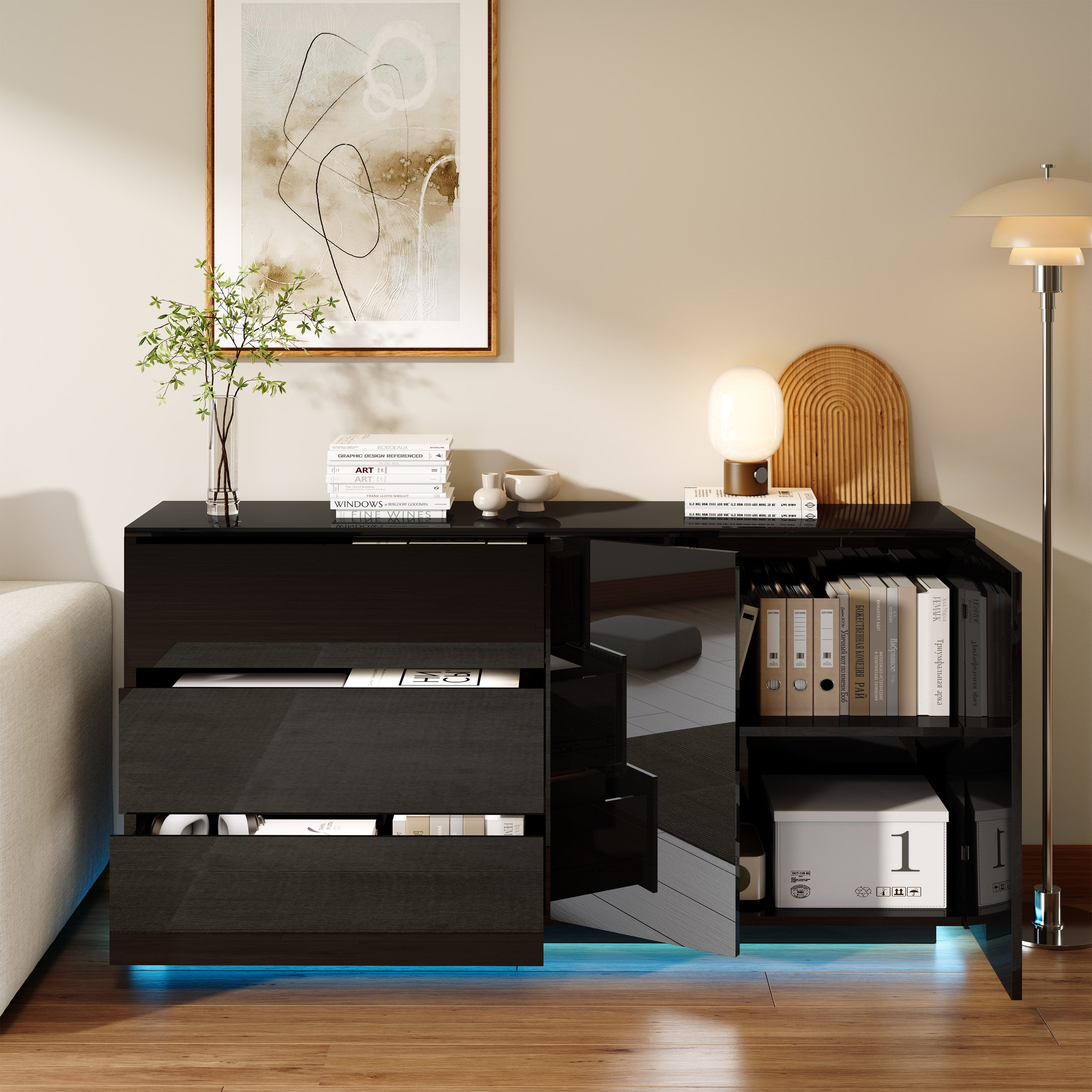 Furnishings Home Sideboard Mehrzweckschrank LED Hochglanz Buffetschrank, Breite 160 cm (1 St., Beistellschrank mit 2 Türen und 3 Schubladen), Mit LED-Beleuchtun – Bild 2 von 5