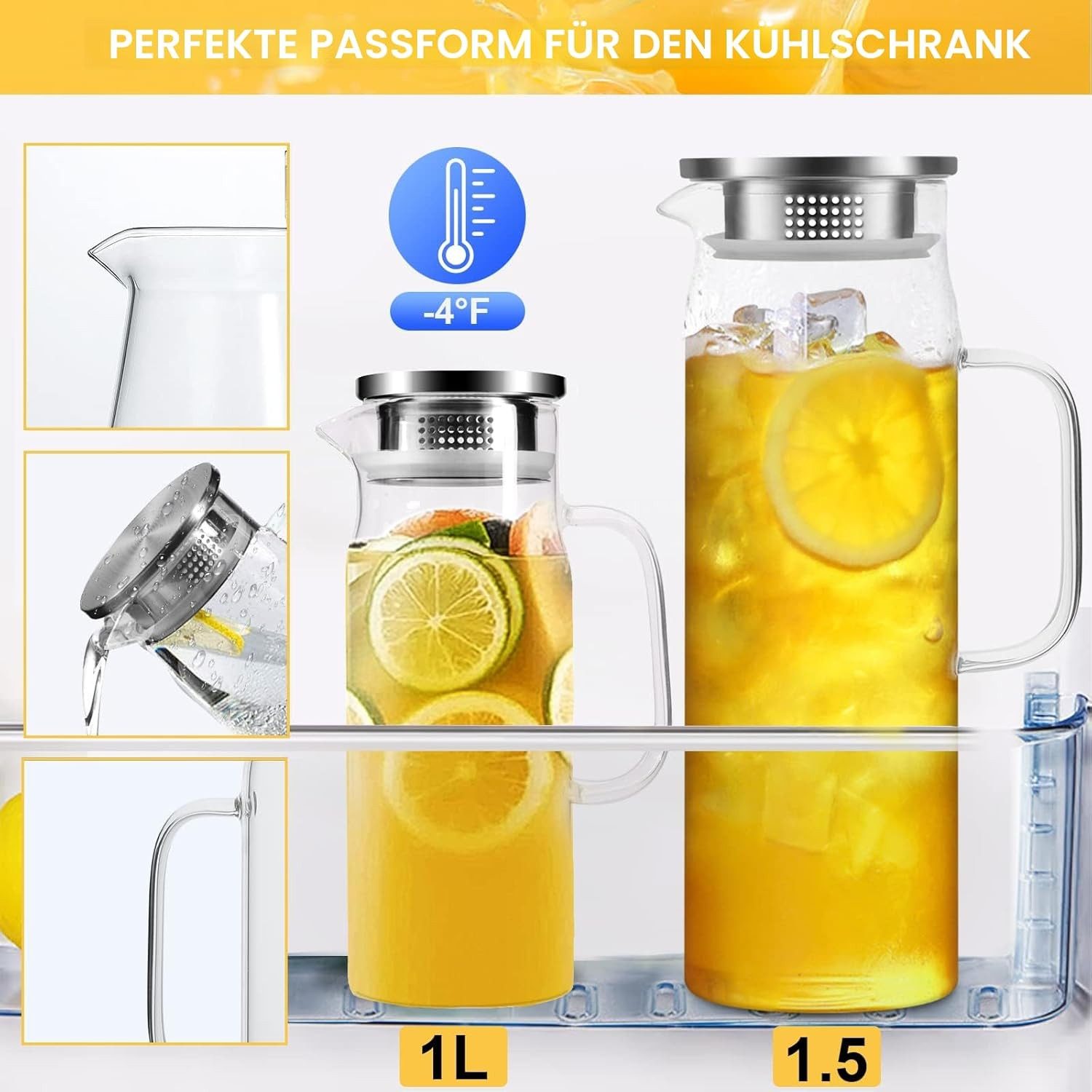 FELIXLEO Karaffe 1.5L Glaskaraffe mit Deckel Transparent Wasserkanne, (1-tlg)