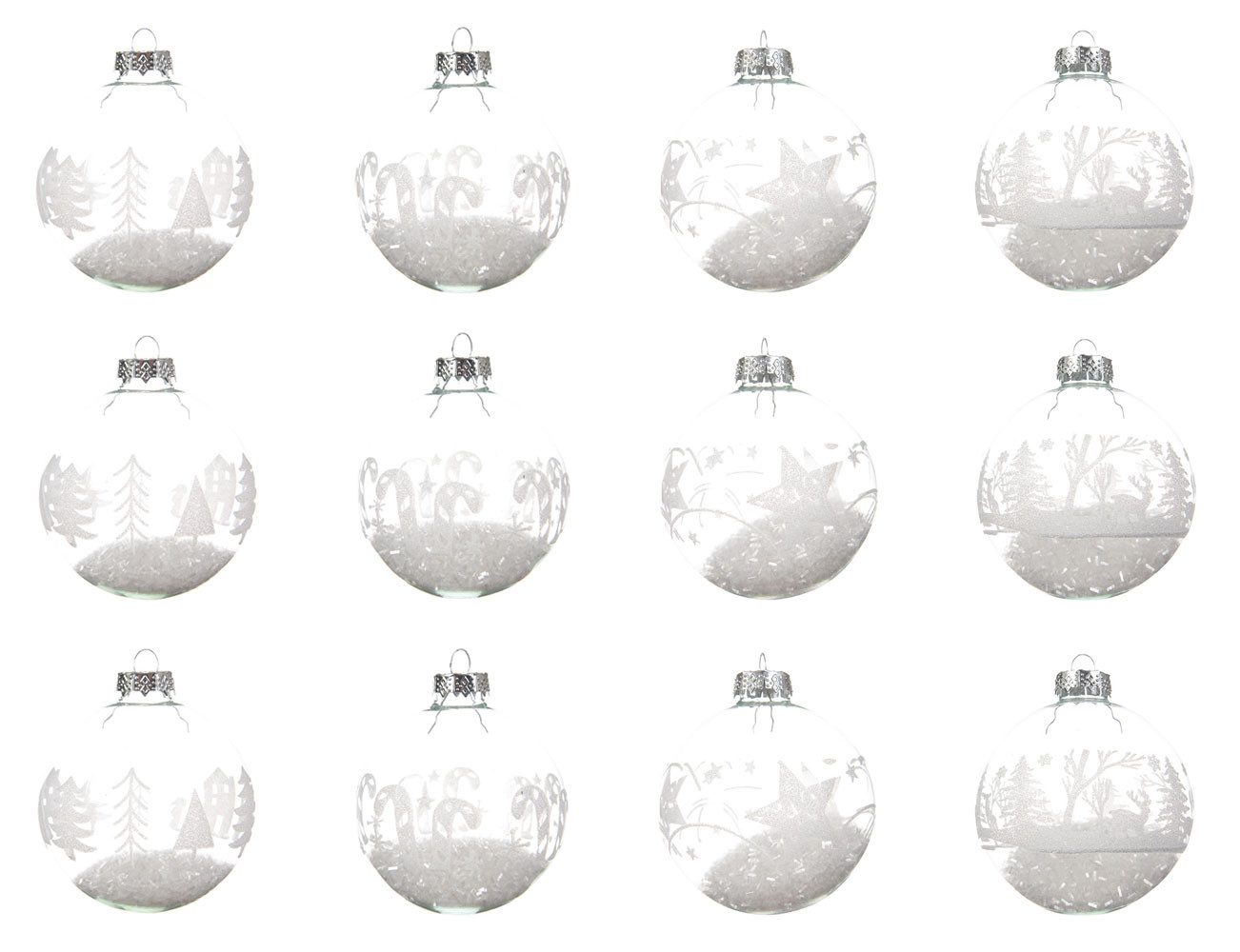 Kaemingk Weihnachtsbaumkugel, Weihnachtskugeln Glas mit Motiv gefüllt 8cm klar / weiß, 12er Set
