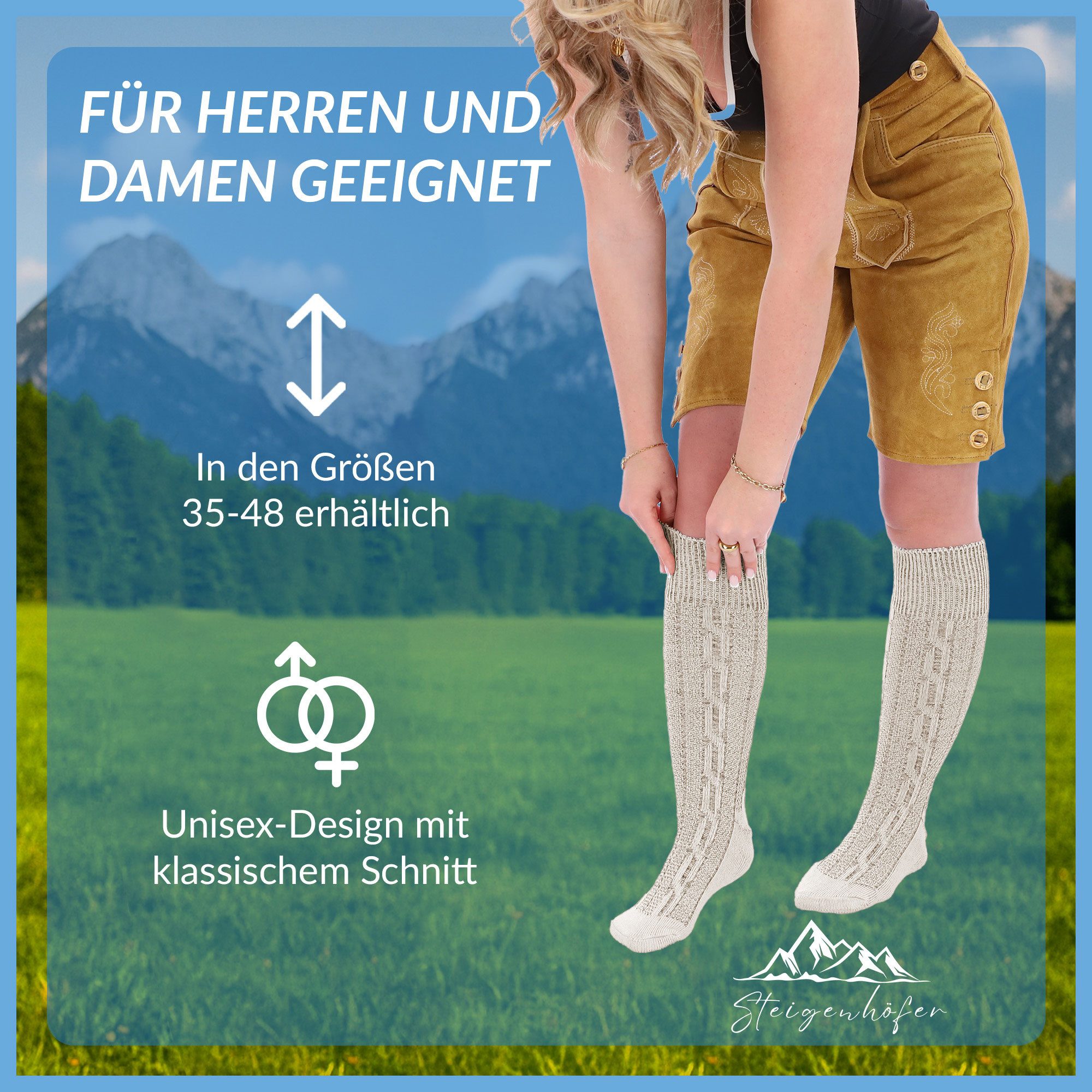 Steigenhöfer Manufaktur Trachtensocken für Herren und Damen – Socken mit Zopfmuster und Edelweißanstecker Oktoberfest Strümpfe aus Baumwolle für Männer & Frauen