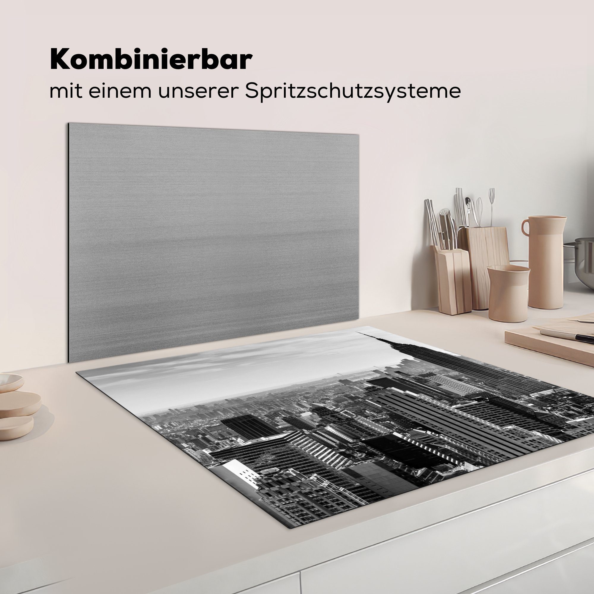 schwarz und Ceranfeldabdeckung, für tlg), küche MuchoWow - New (1 Skyline Herdblende-/Abdeckplatte weiß, Yorker Arbeitsplatte Vinyl, cm, 78x78