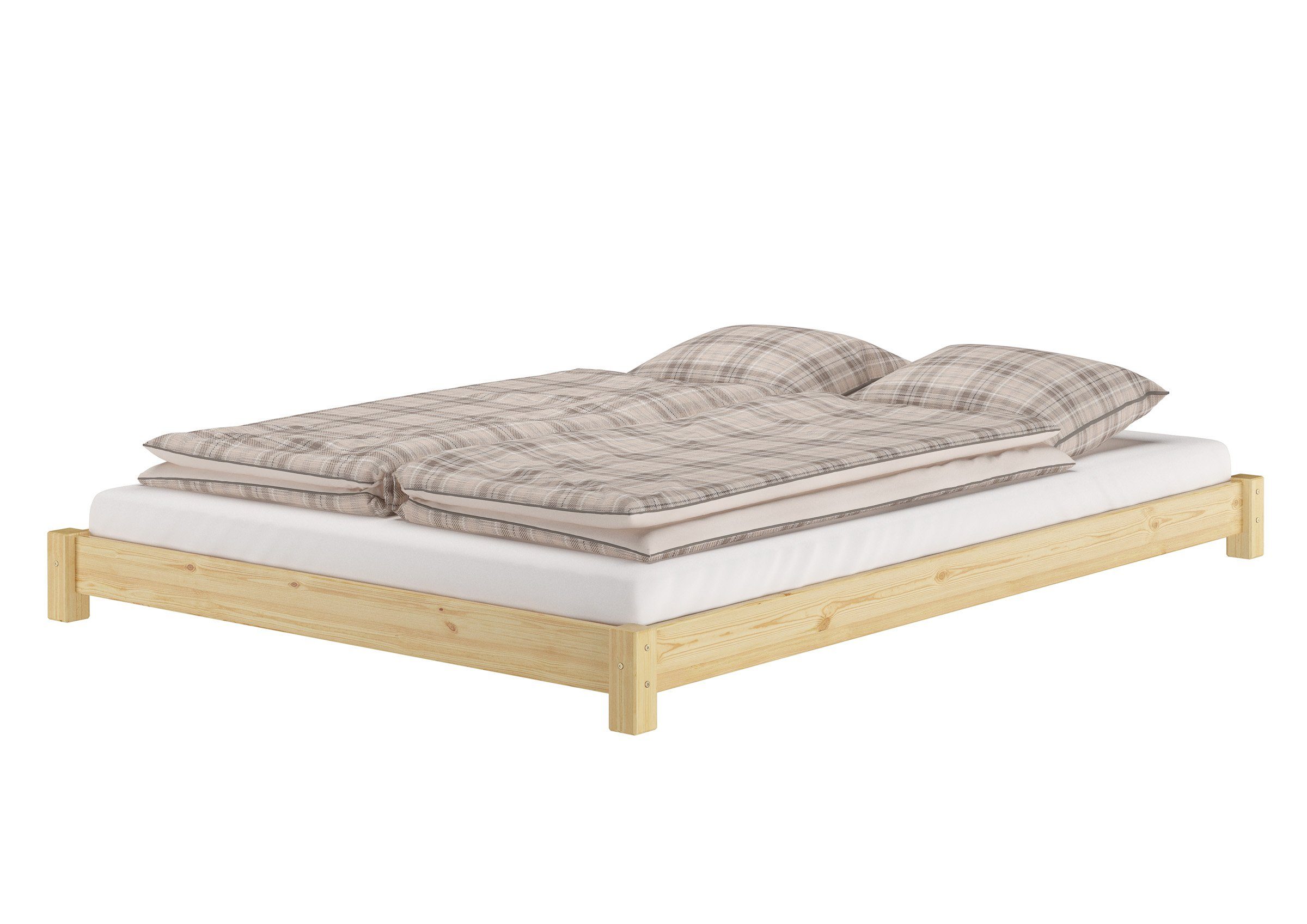 ERST-HOLZ Bett Flaches Futon-Doppelbett Bodenbett 160x200 Kiefer, Kieferfarblos lackiert