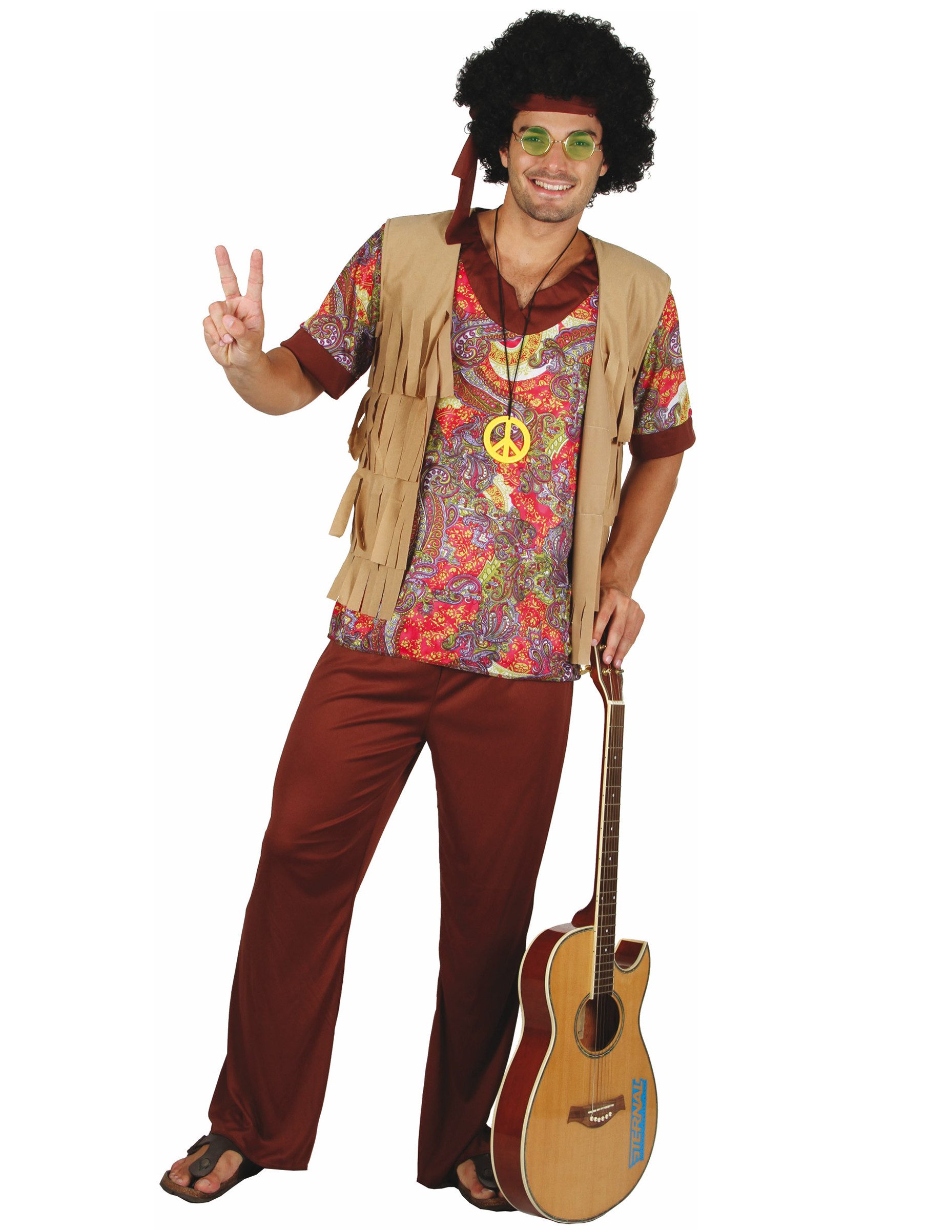 Kostüm Hippie-Herrenkostüm mit Weste beige-rot-bunt