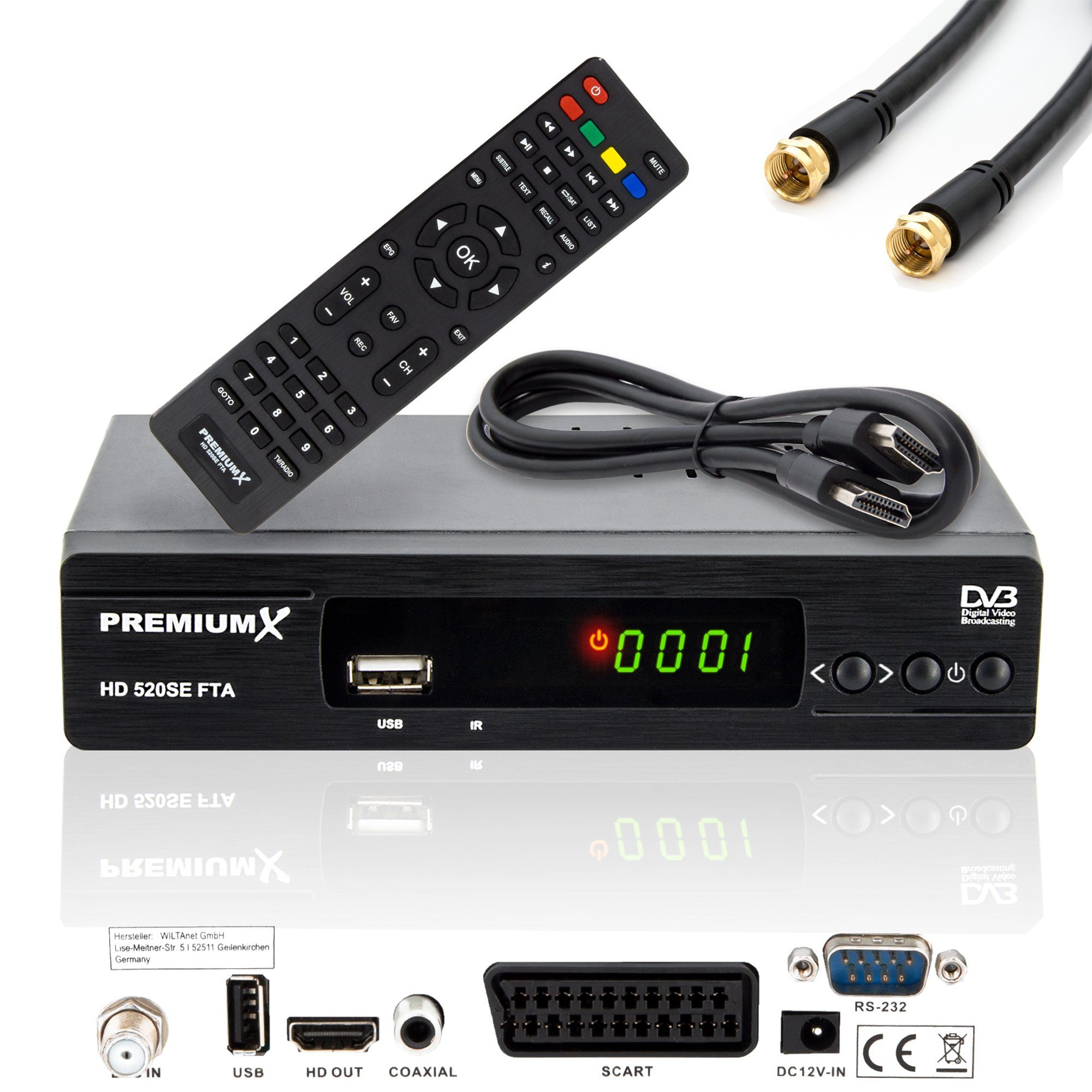 PremiumX HD 520SE FTA Digital SAT Receiver DVB-S2 HDMI SCART Antennenkabel SAT-Receiver