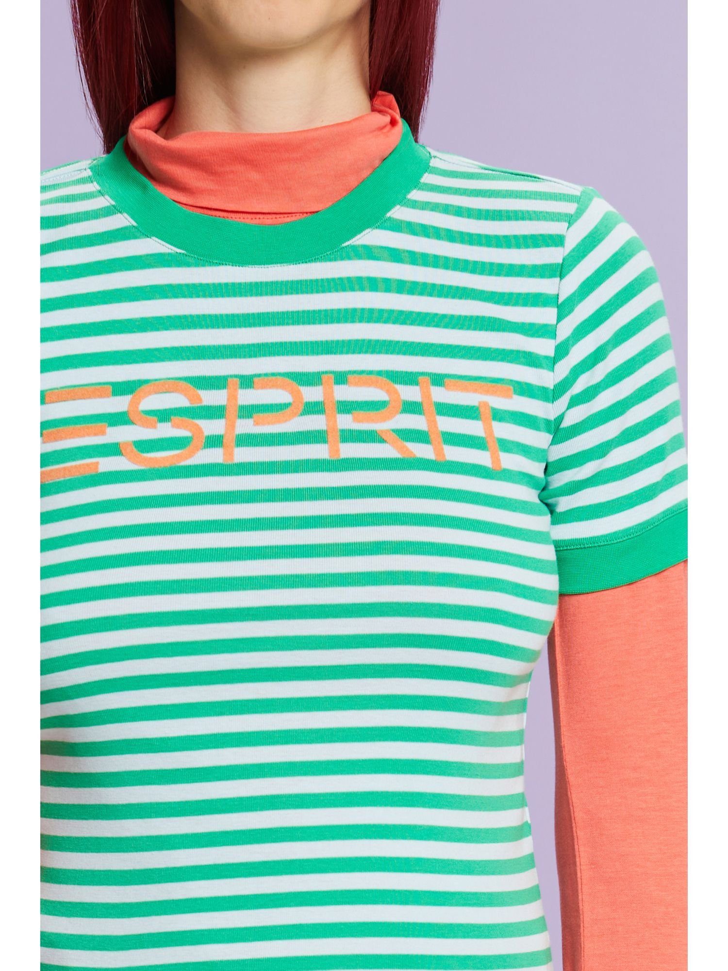 T-Shirt NEW Logo-Print Esprit Baumwoll-T-Shirt GREEN (1-tlg) Gestreiftes mit