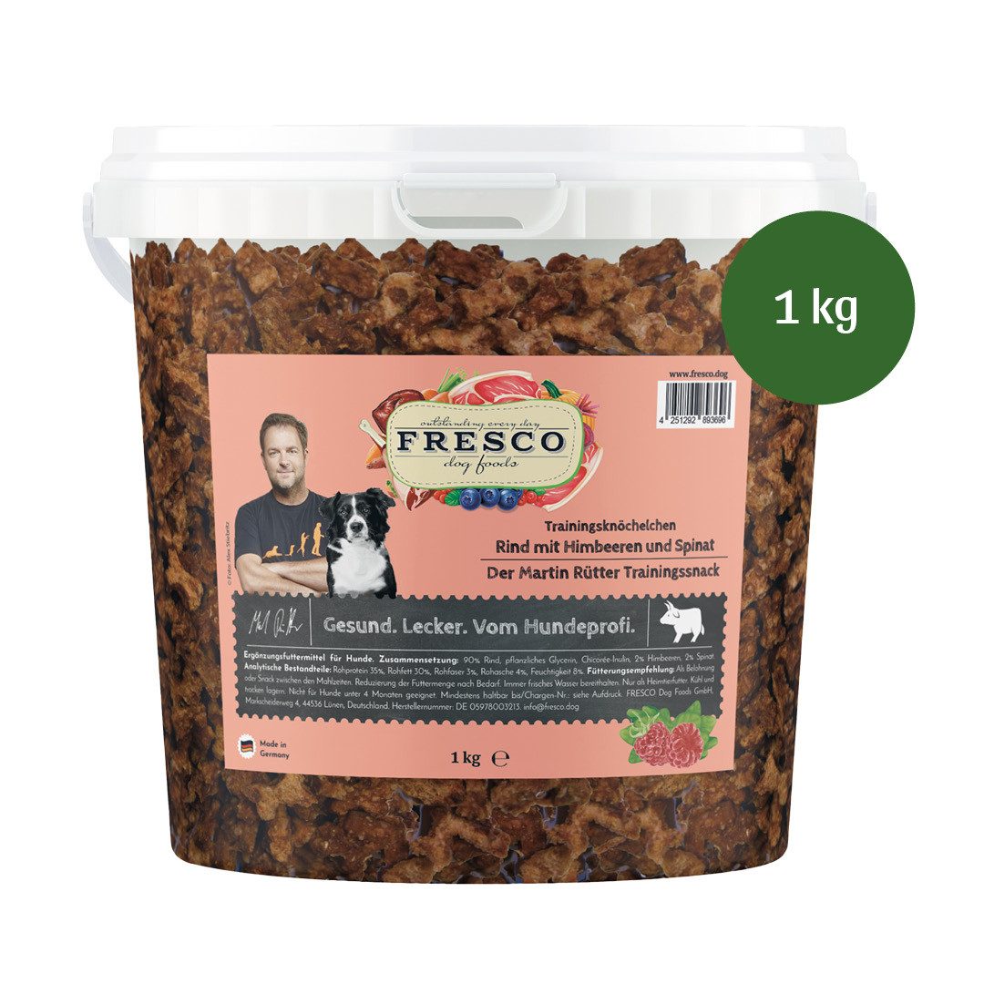 Fresco Dog Martin Rütter Trainingsknöchelchen 1kg, Hunde Leckerli Rind mit Himbeeren & Spinat, Snack für: Hunde, Getreidefrei, zuckerfrei & hoher Fleischanteil