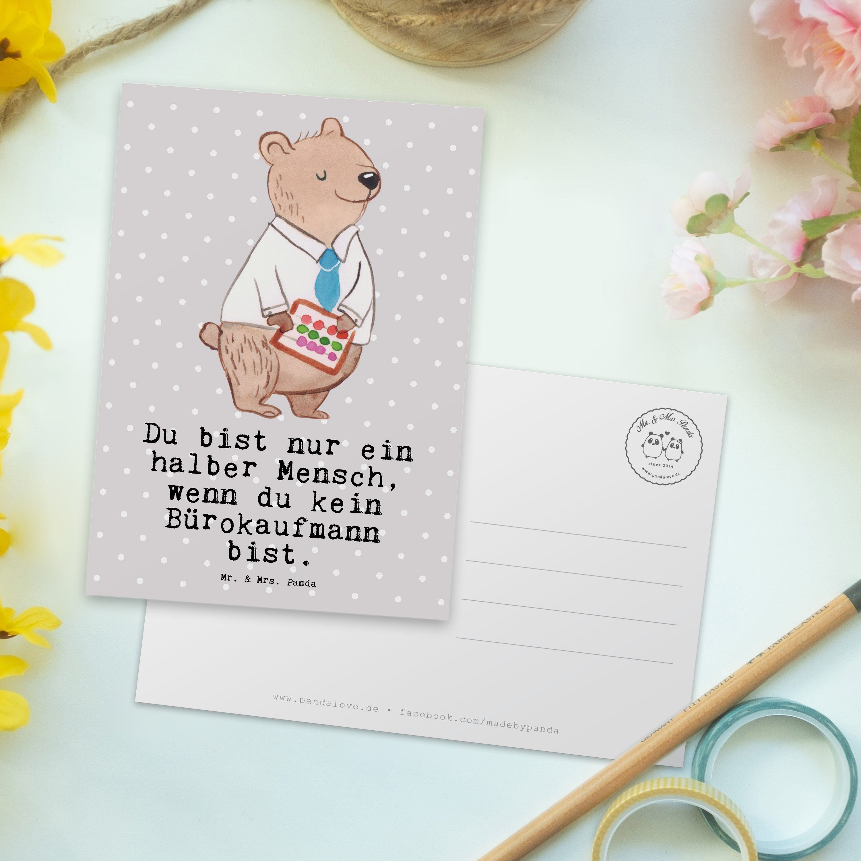 Kollege, mit Herz Panda Postkarte Grau - Geschenk, Geschenkkar & Mr. Mrs. Bürokaufmann Pastell -