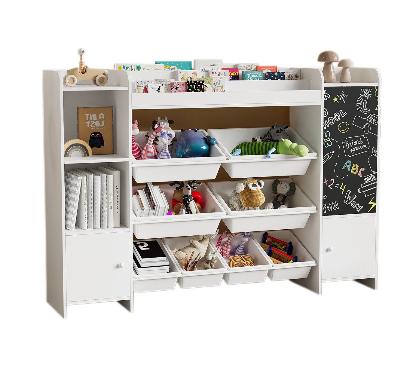 FUROKOY Bücherregal Kinderregal Spielzeugregal, mit 4 offenen Fächern, 8 Boxen und 3 Lagerschränke mit Türen, Weiß Kinder Bücherregal aus Holz, mit Tafel, 137 x 30 x 94.5 cm