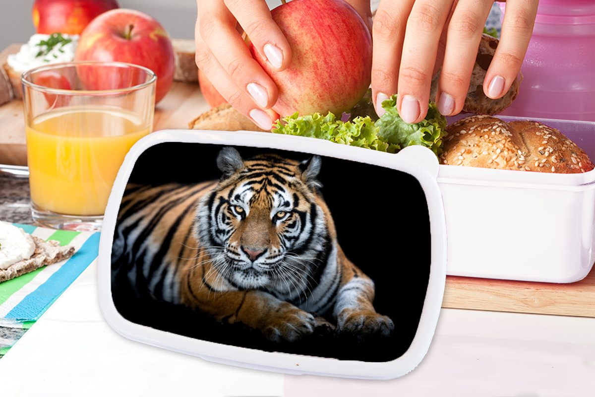 MuchoWow Lunchbox Porträt - Tiger Erwachsene, weiß und Kinder Brotdose, für und - Kunststoff, (2-tlg), für Brotbox Jungs Mädchen Schwarz
