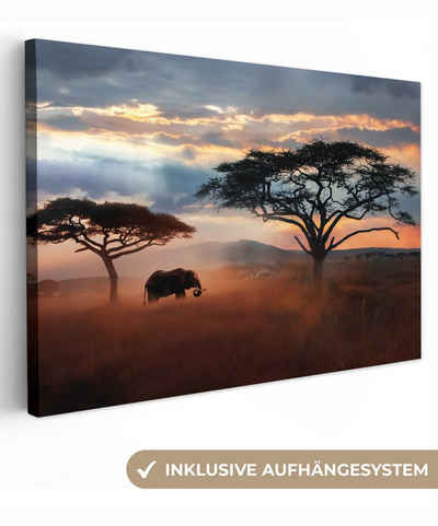 OneMillionCanvasses® Leinwandbild Elefant - Baum - Berg - Afrika, Elefant (1 St), Wandbild Leinwandbilder, Aufhängefertig, Wanddeko, 30x20 cm