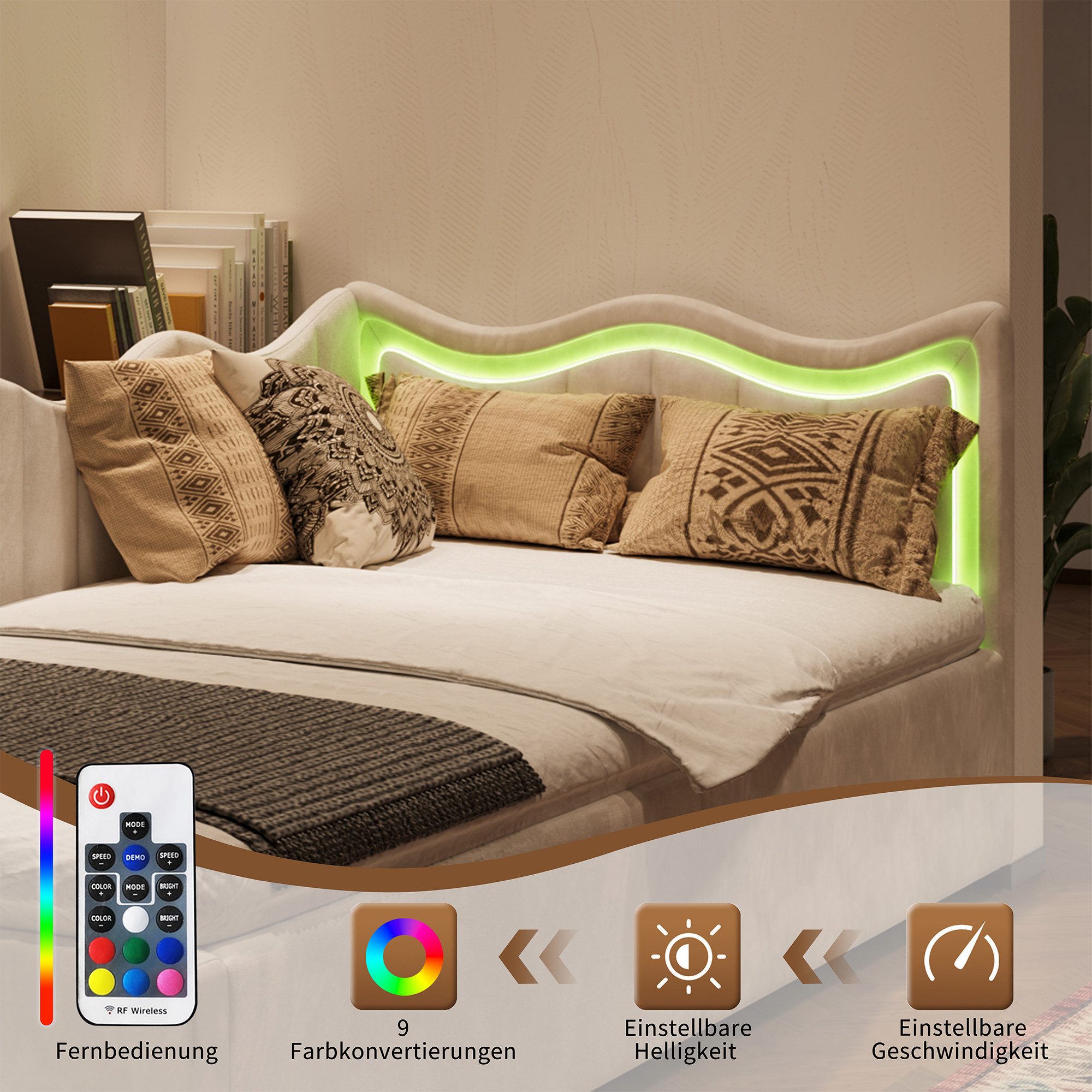 Simurq Stauraumbett Polsterbett 90x200 mit LED-System, Einzelbett mit Bettkasten (hydraulischer Stauraumbett Rahmen, Kinderbett, Lattenrost aus Holz), bett 90x2 – Bild 4 von 5