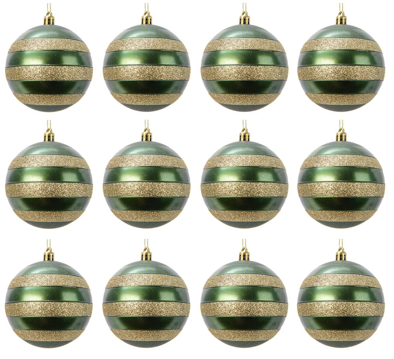 Decoris season decorations Weihnachtsbaumkugel, Weihnachtskugeln Kunststoff 8cm Streifen Motiv 12er Set - Piniengrün