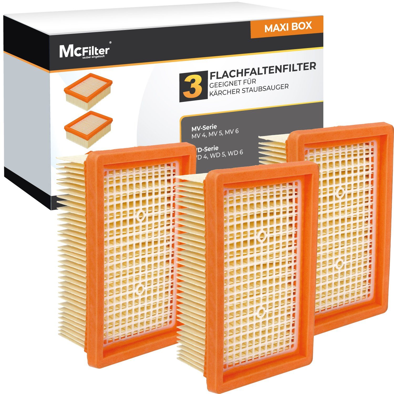 McFilter Flachfaltenfilter (3 Stück) Lamellenfilter Filter geeignet, für Kärcher  WD6 WD 6 P Premium Renovation Kit Mehrzwecksauger, (MAXI BOX, 3-St),  Alternative für Kärcher Filter 2.863-005.0