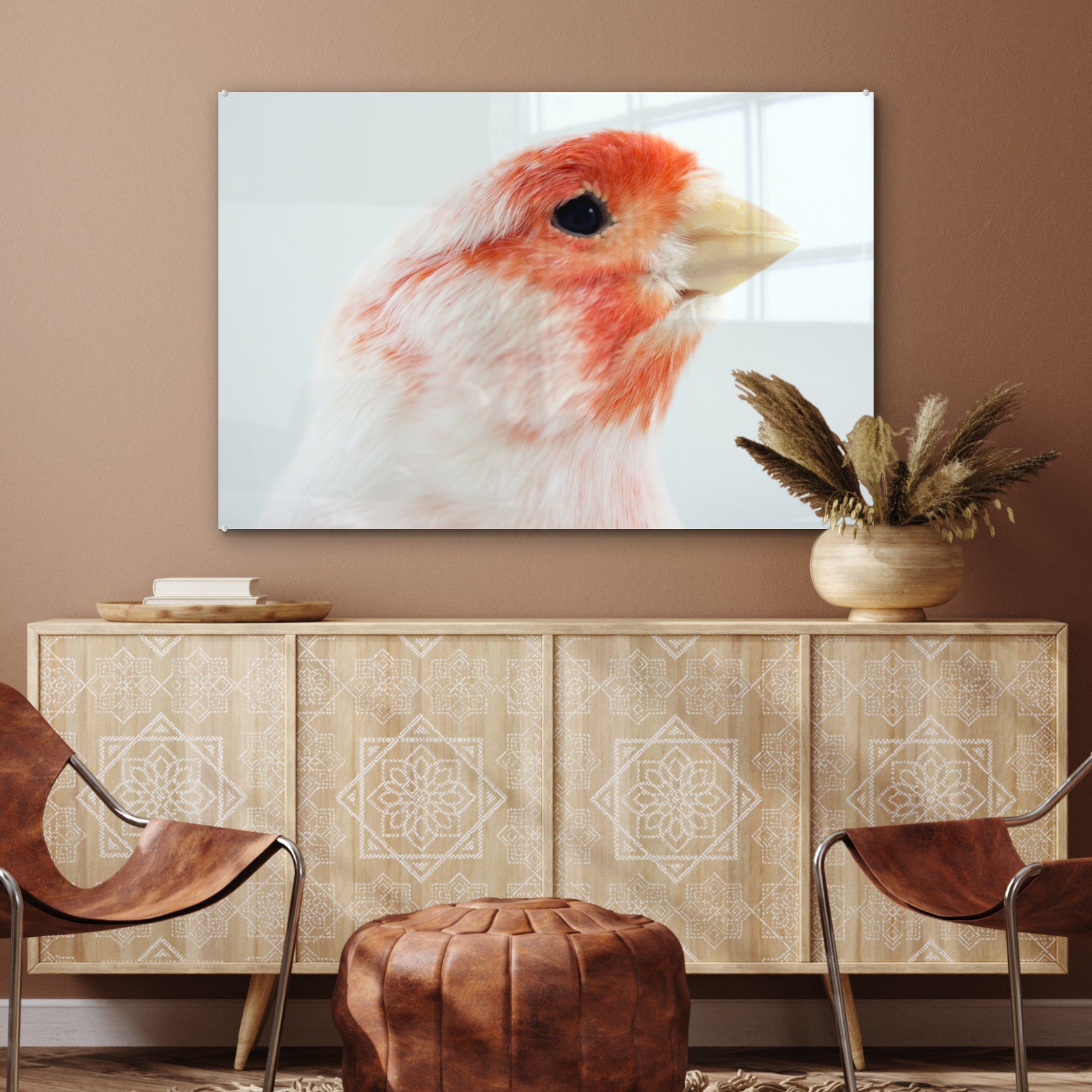 MuchoWow Acrylglasbild Roter Wohnzimmer St), Kanarienvogel, (1 weißer und & Acrylglasbilder Schlafzimmer