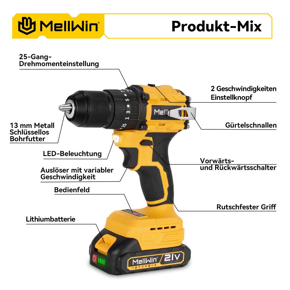 MELLWIN Akku-Bohrschrauber Set 80Nm mit 2 Akkus & 30 Zubehör, 13mm Bohrfutter, 21 V, max. 1500 U/min, (1-tlg), 25+3 Drehmomentstufen, für DIY & Reparatur