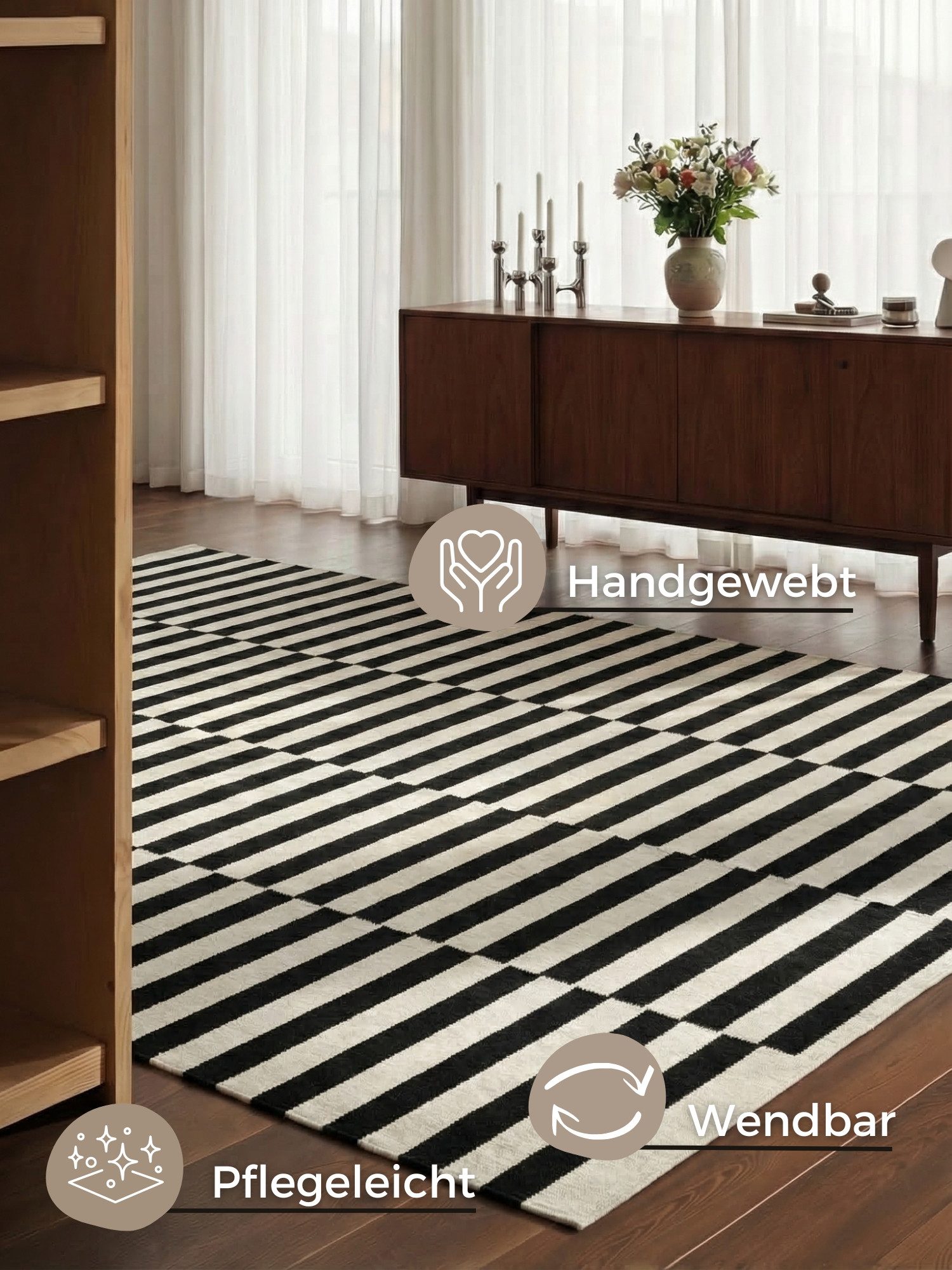HANSE Home Wollteppich Vika, schwarz-weiss, rechteckig, Höhe: 5 mm, Handgewebt, Wolle, Natur, Läufer, Wohnzimmer, Schlafzimmer, Streifen