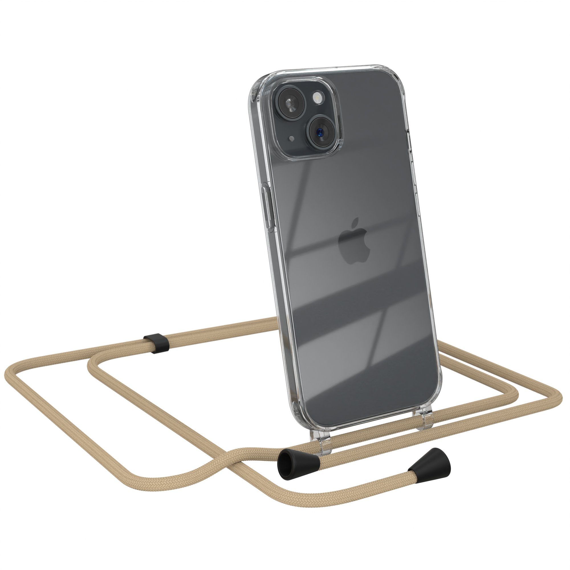 EAZY CASE Handykette mit-/ ohne Magsafe Hülle für iPhone 15 6,1 Zoll, Handykordel Umhängetasche für Handy Hülle durchsichtig Beige Taupe