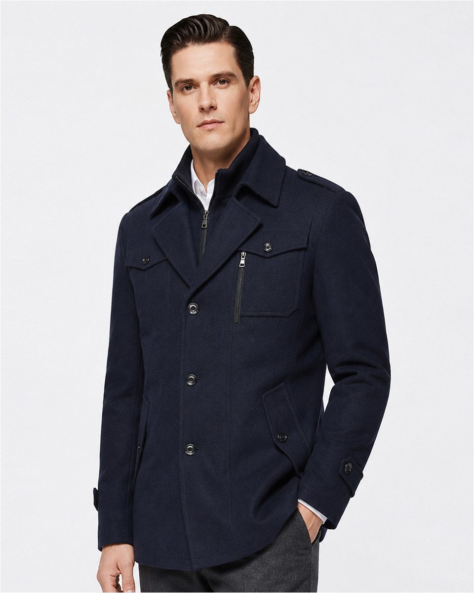 Allthemen Kurzmantel Herren Slim Fit Wollmantel mit abnehmbarem Doppelkragen Wintermantel