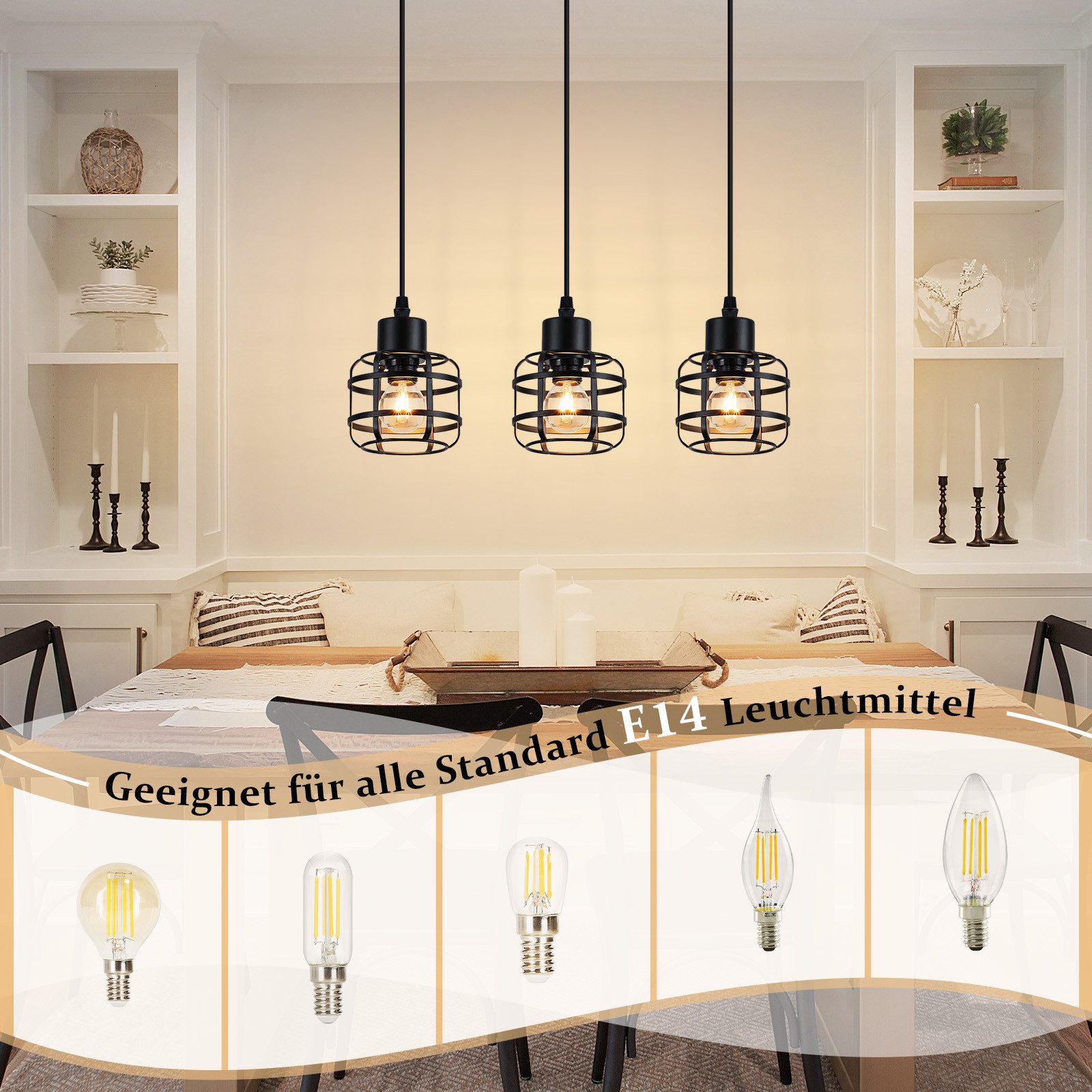 Nettlife Pendelleuchte Vintage schwarz Hängelampe industrielle 1/3flammig rund E14, Höhenverstellbar, ohne Leuchtmittel, für Esstisch, Kücheninsel, Bars, Cafés  – Bild 4 von 5
