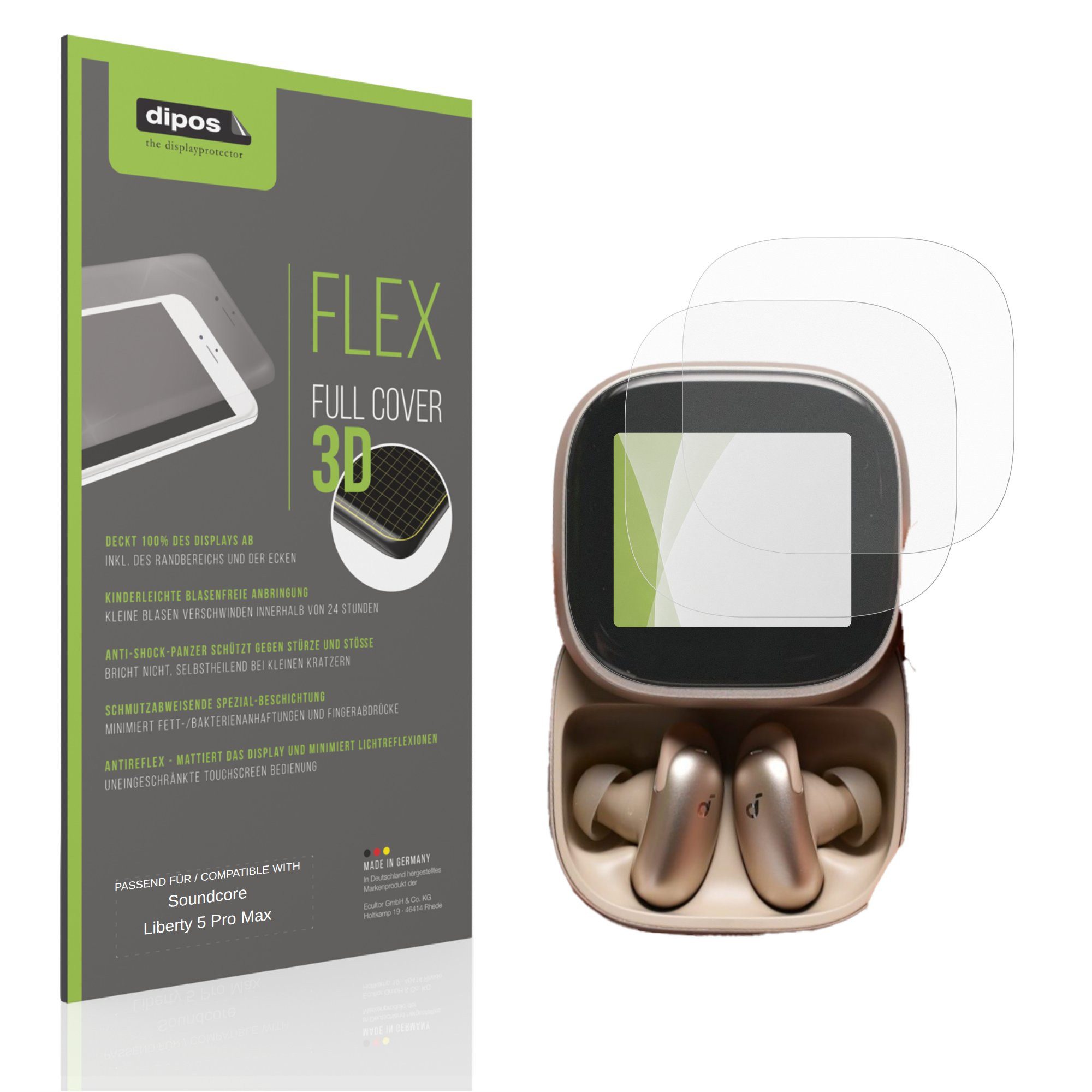 dipos Displayschutzfolie Schutzfolie für Soundcore Liberty 5 Pro Max, 2 Stück, Displayschutz Schutz Folie Made in Germany