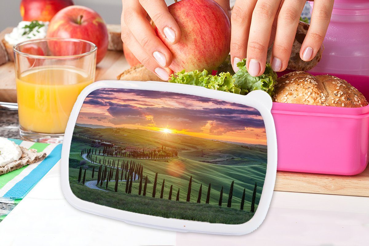 - Sonnenuntergang Brotdose - Mädchen, für Kinder, Erwachsene, Kunststoff, MuchoWow Lunchbox Brotbox (2-tlg), Snackbox, Toskana, Kunststoff Italien rosa