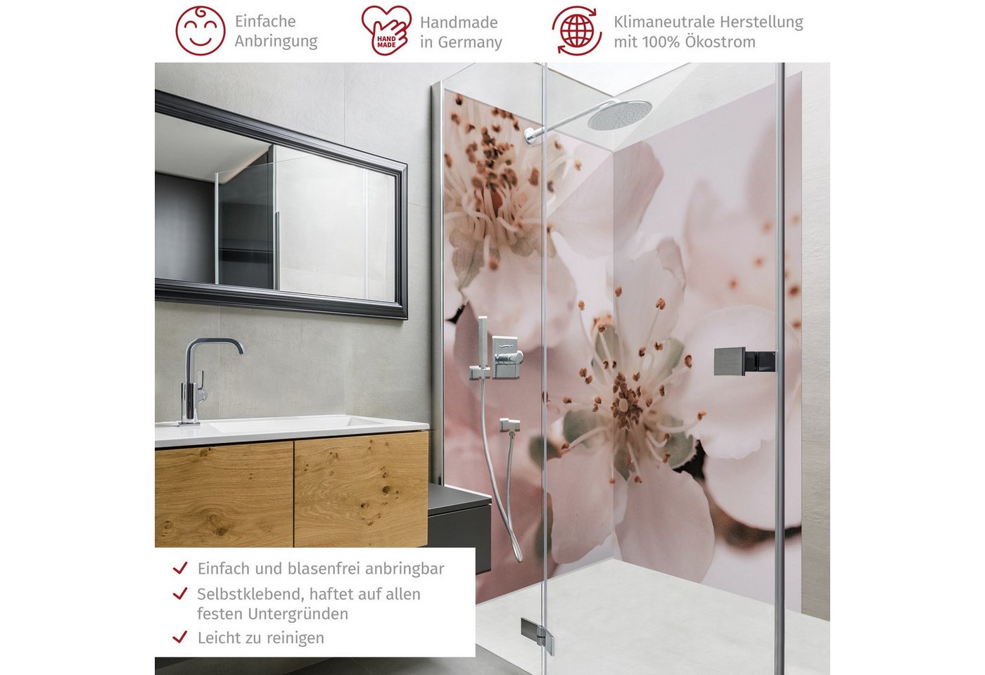 Thumbnail - Bilderdepot24 Badrückwand Blumen rosa Duschrückwand ohne Bohren Dusche Landhaus, (2-tlg., Hart-Folie Smart matt 0,35 mm)...